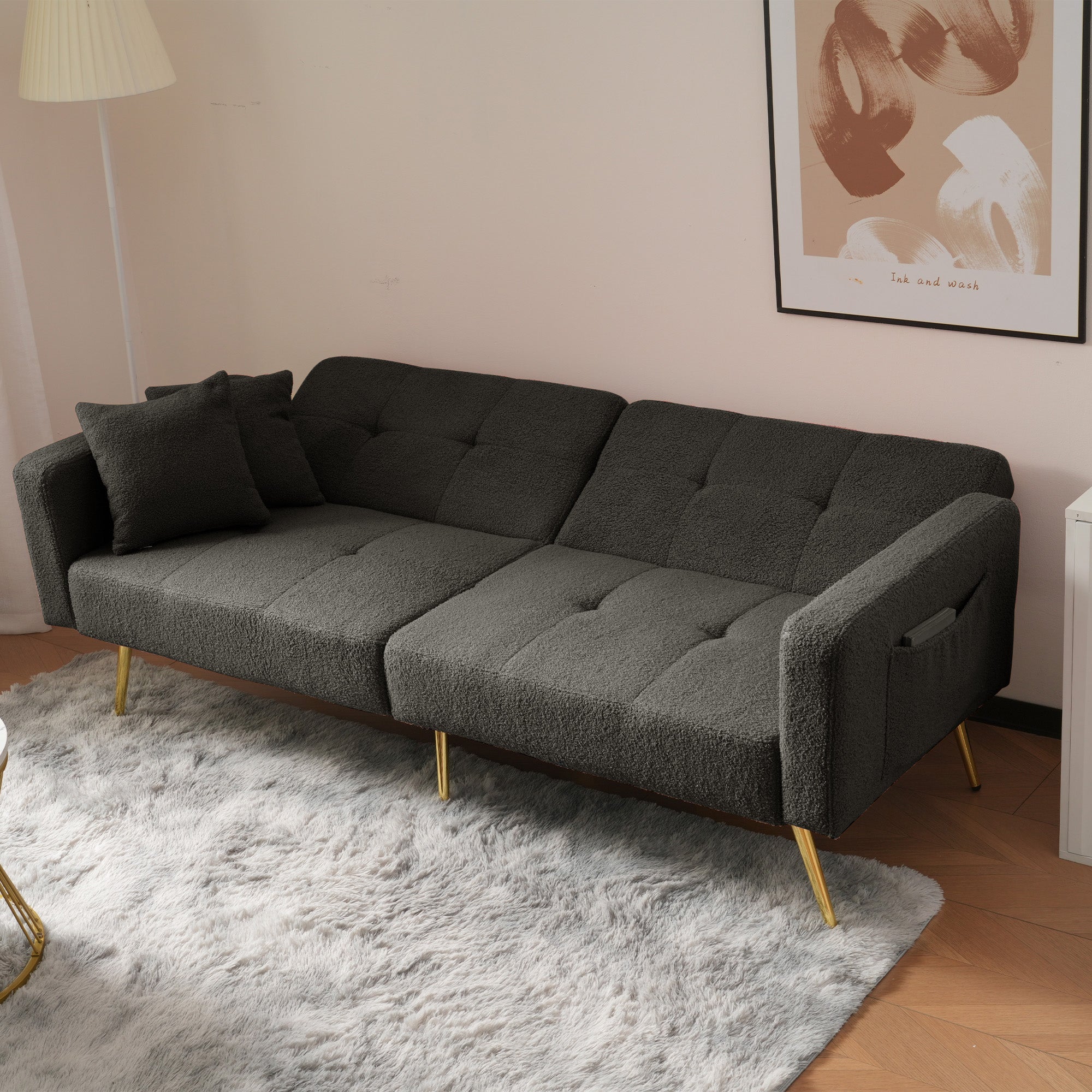 Sofa Bed with 3 Adjustable Backrests, Bed Function, Side Pockets, Sherpa Fabric