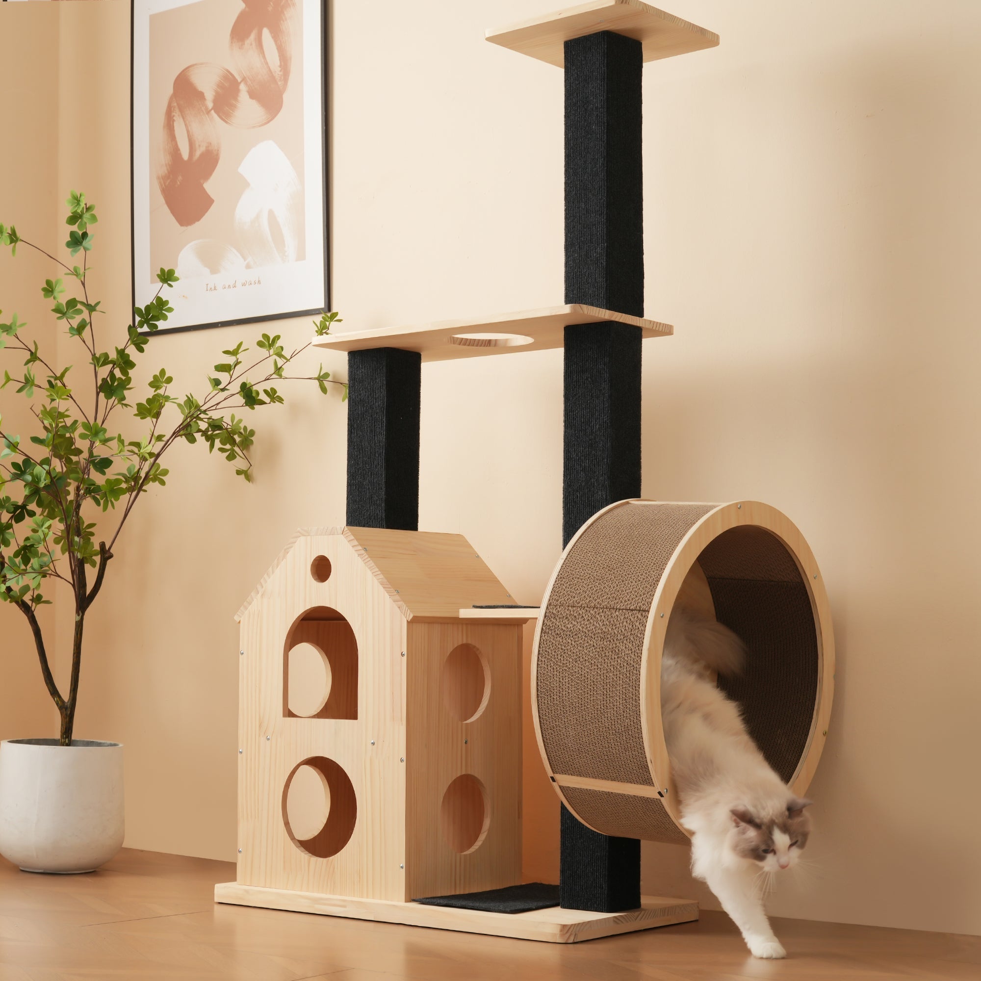 Solid Wood Cat Tree with Exercise Wheel, 4 Platforms, 2 Houses, Sisal Posts, 80×40×152 cm