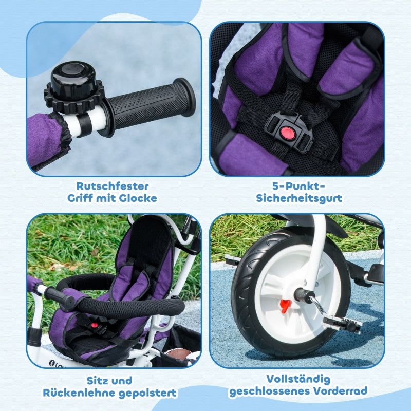 6-in-1 Tricycle with Push Bar, Sun Canopy, Safety Harness, Purple