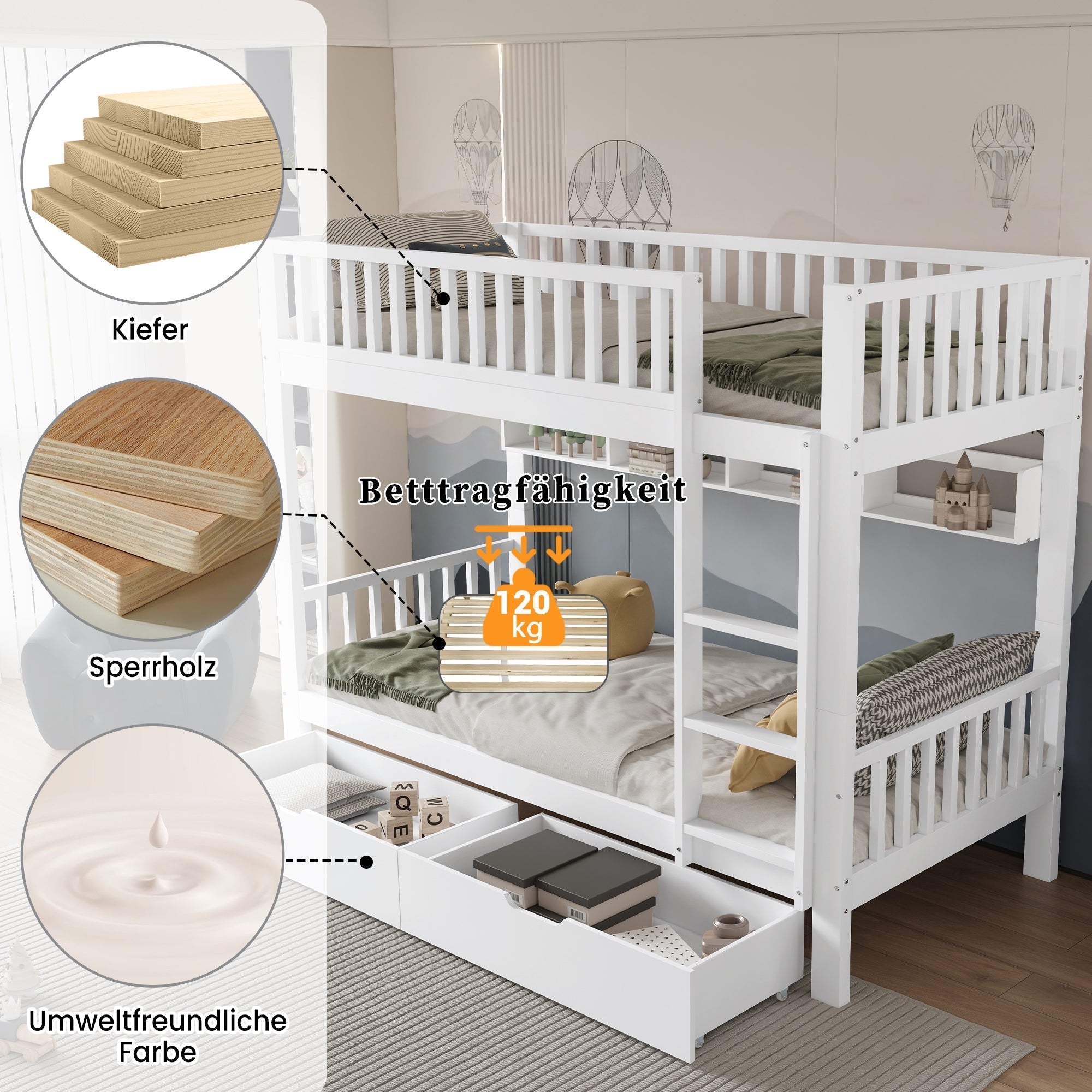 [31911901WAA] Bunk Bed Safety Rail Storage Ladder 90x200cm Pine Wood White
