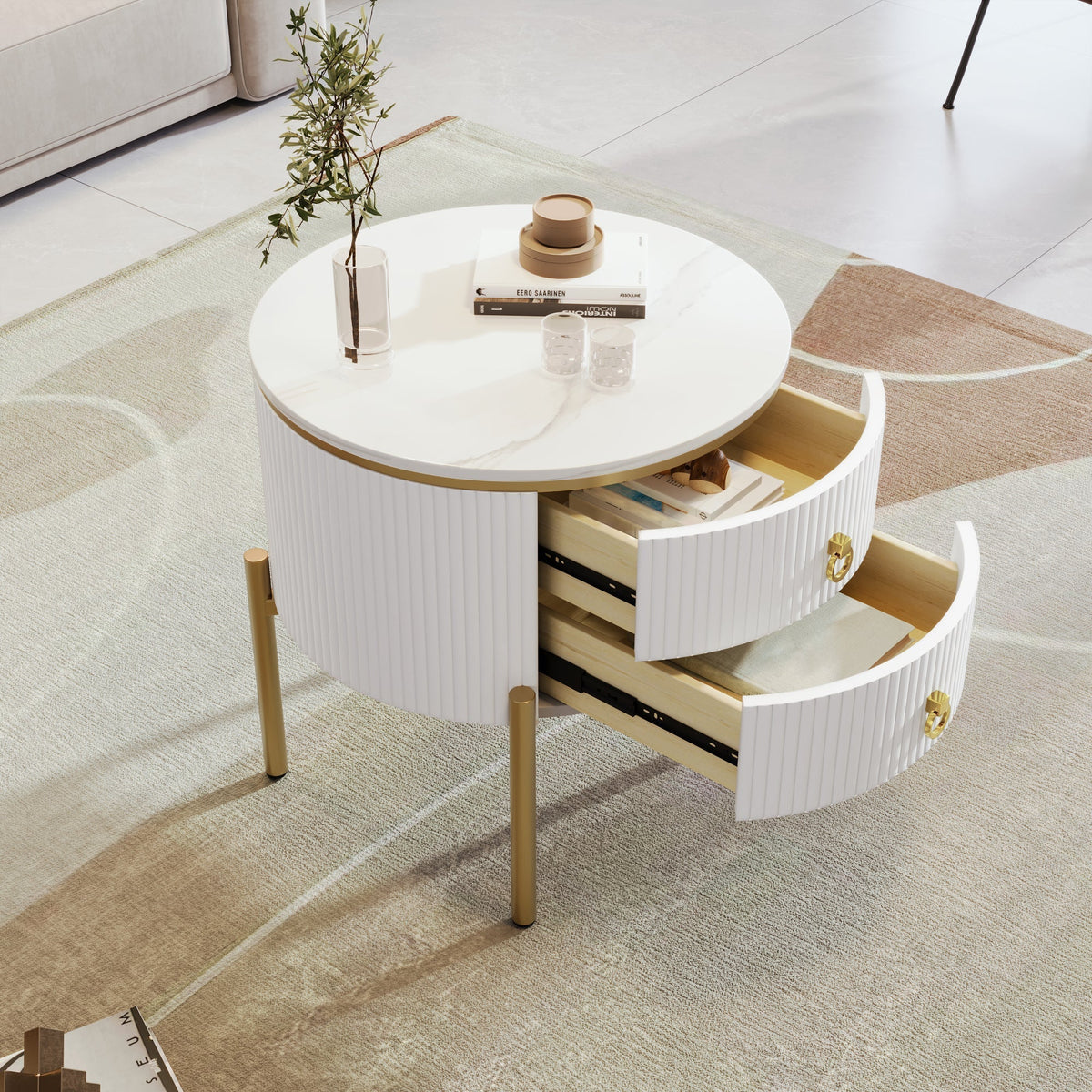 Side Table Coffee Table with Drawers, Adjustable, Gold Legs and Handles, Marble Texture