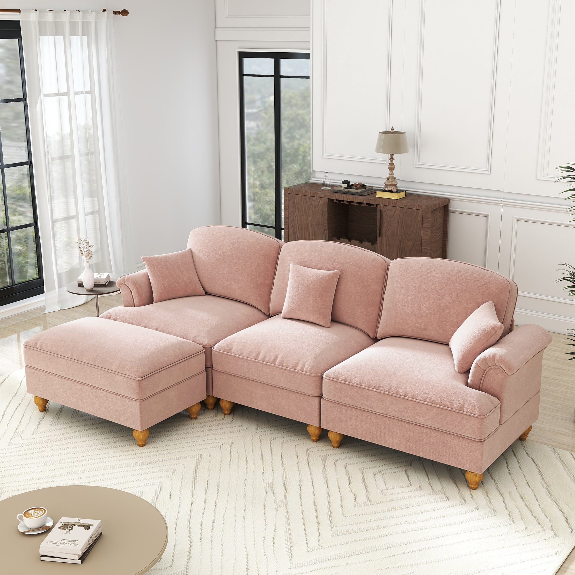 Modular Mid-Century L-Shaped 3-Seater Sofa with Ottoman - Pink Chenille