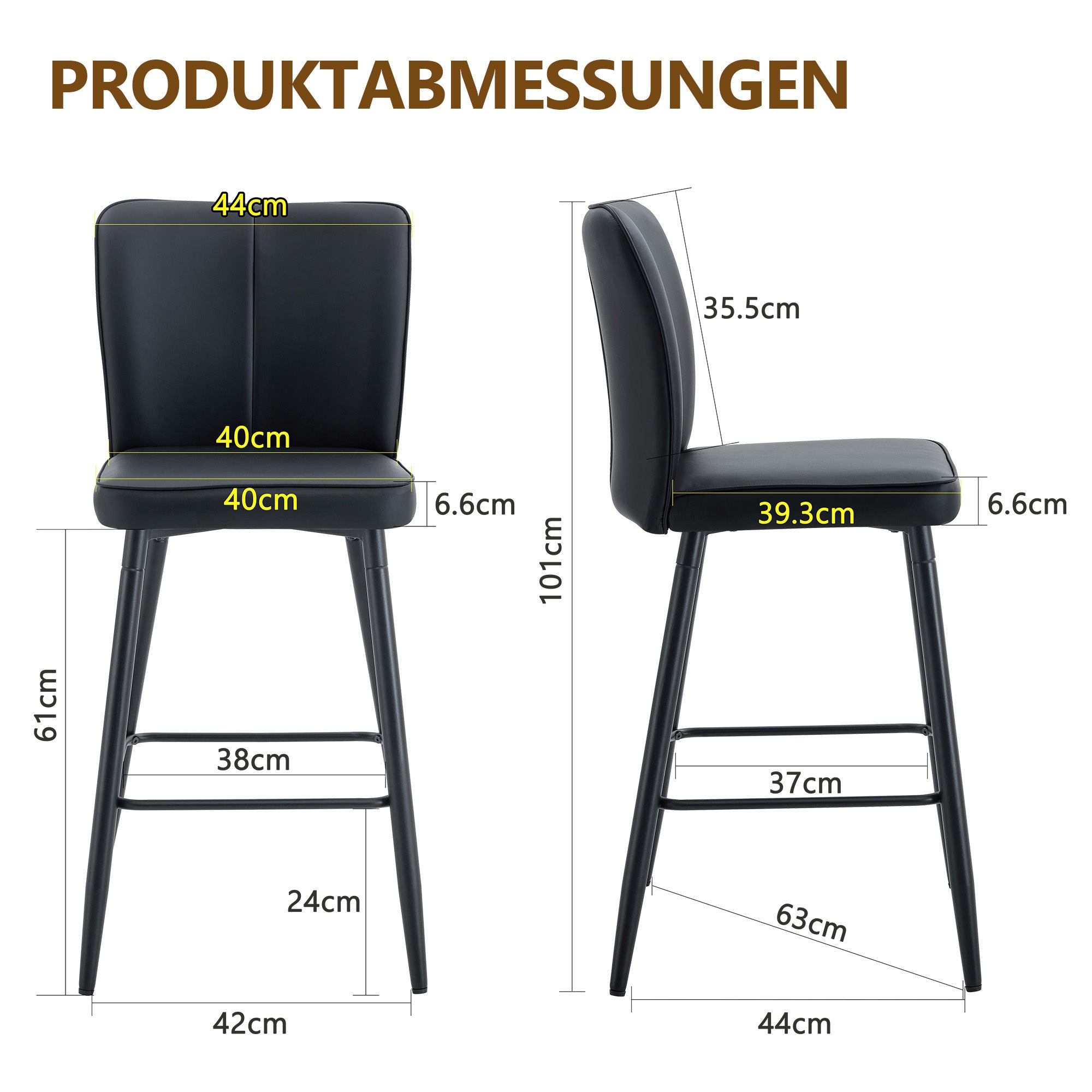 Bar Stools 2-Piece Set 101cm High Ergonomic Backrest Black PU