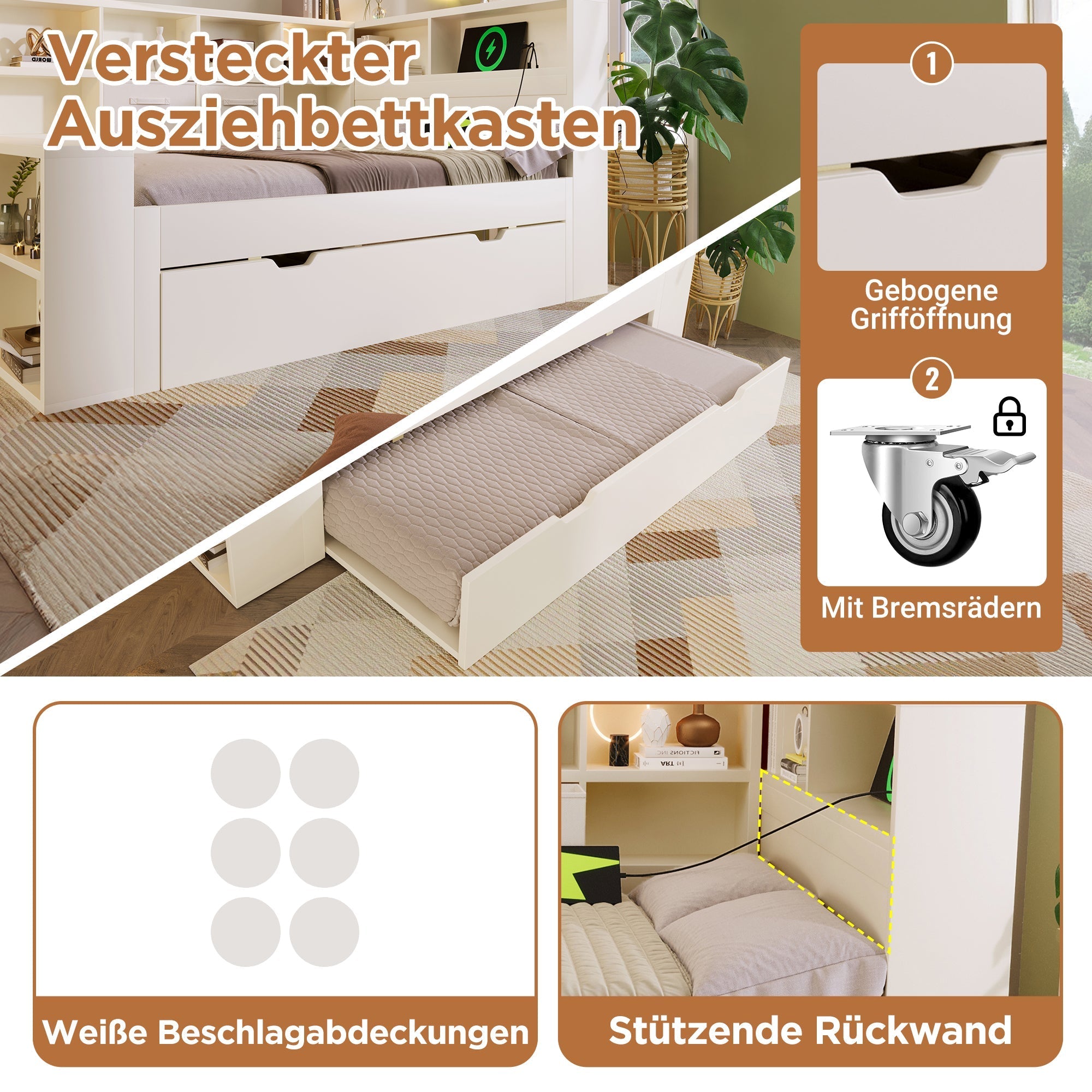 Single Bed 90x190 Pull-out Bed Storage USB/Type-C Charging White Wood