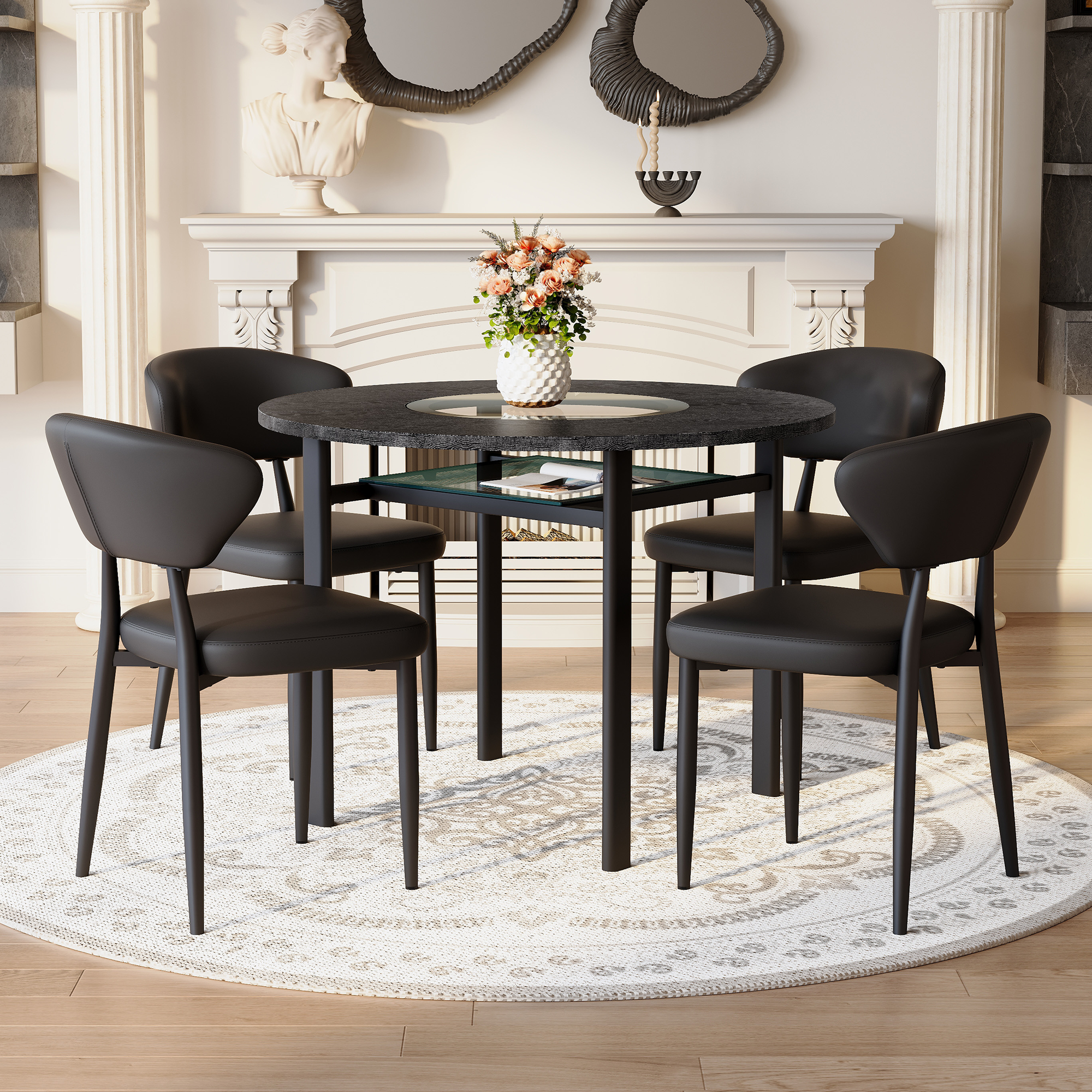 Minimalist Round Table Set 100cm 4 Armchairs - Black PU/Wood Look