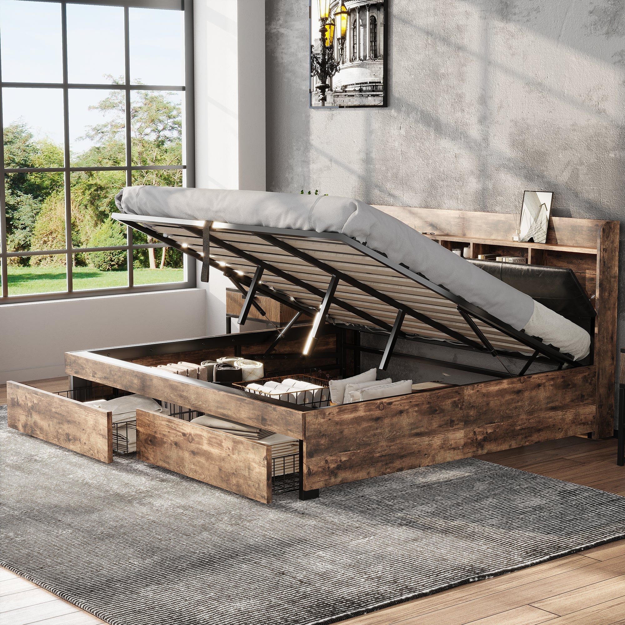 Hydraulic Metal Double Bed with Storage Headboard and Slatted Base, 180x200cm, Wood Color and Black