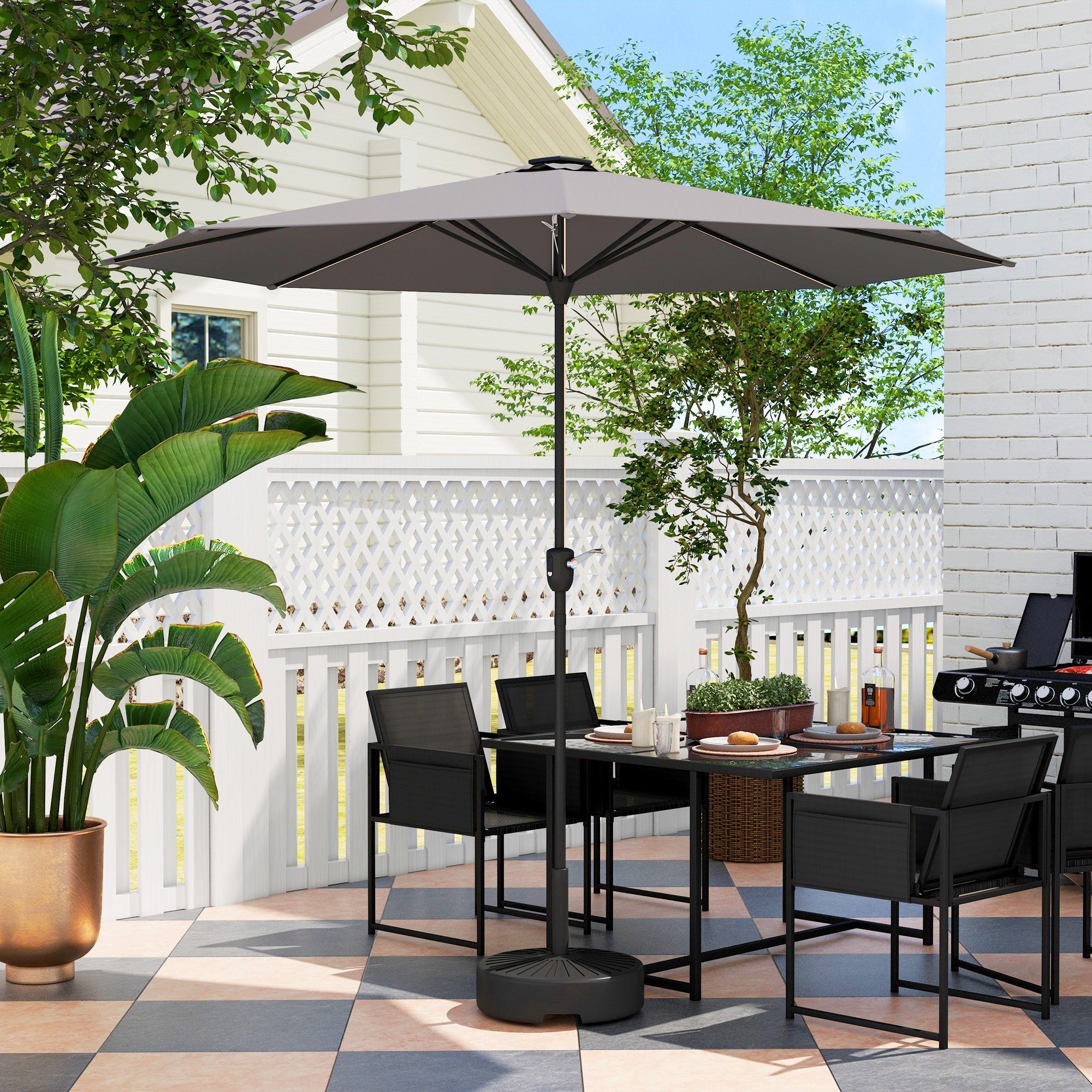 Garden Parasol Umbrella, 2.65m LED Lights, Light Grey