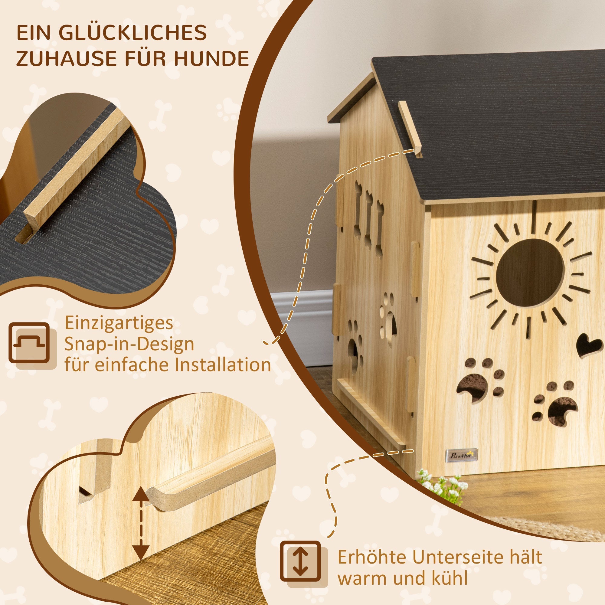 Hundehütte, Indoor mit Dach und Belüftung, MDF Eiche Schwarz