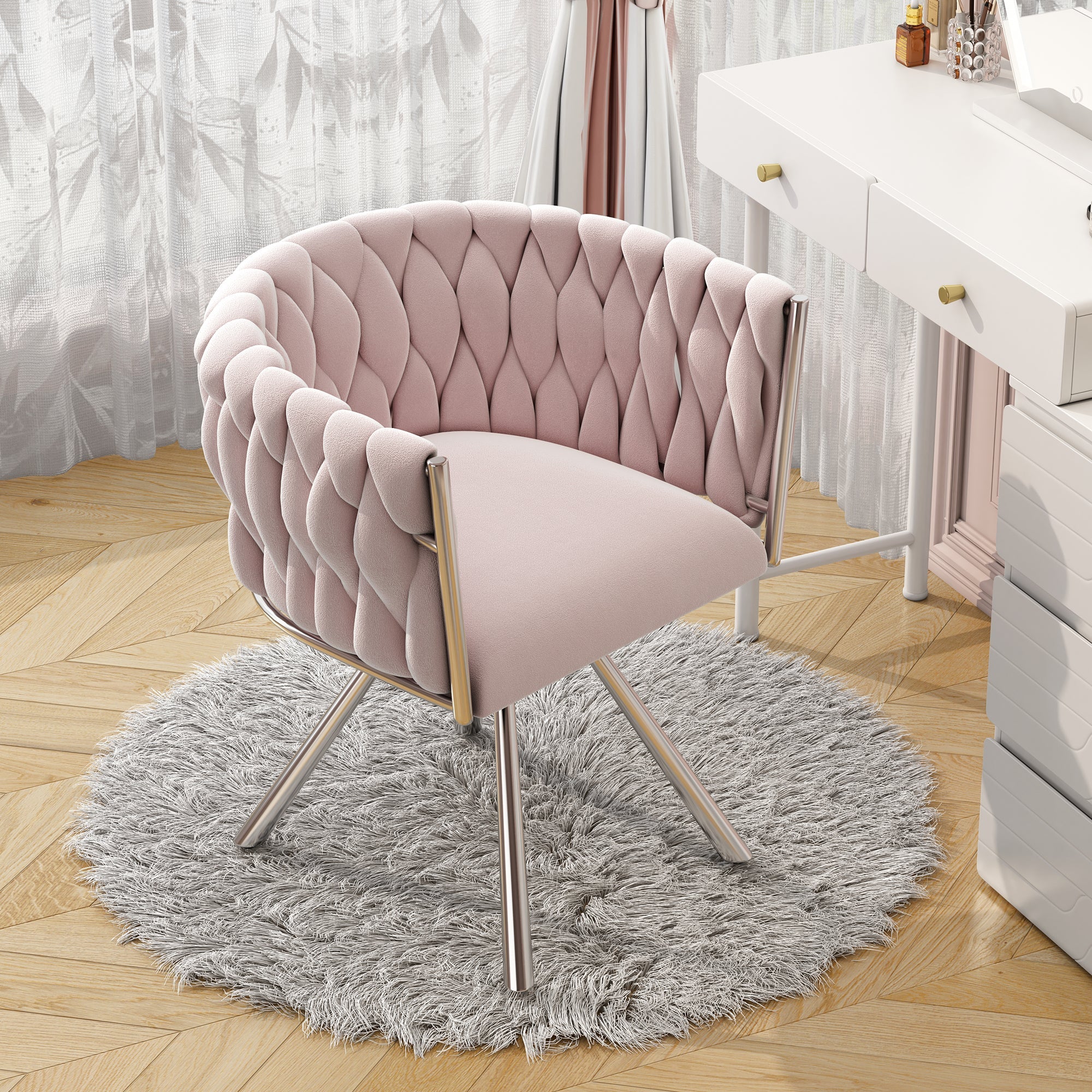 Velvet Dining Chair, Single Light Luxury Living Room Bedroom Swivel Chair with Four Metal Support Legs, Pink
