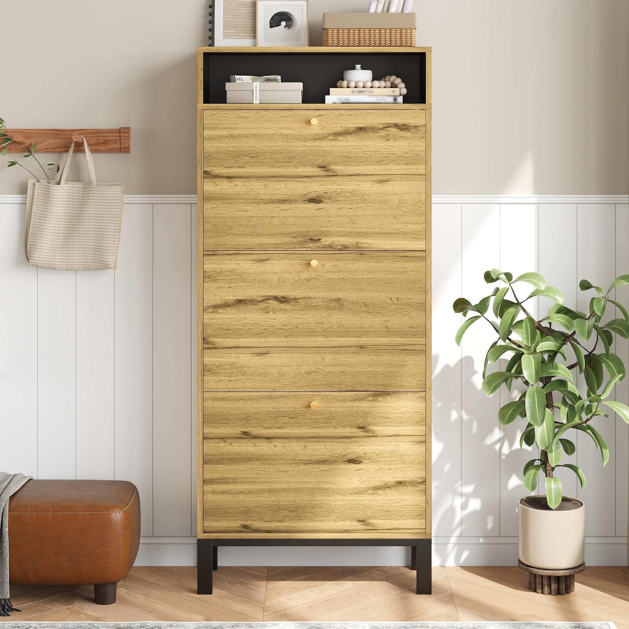 Shoe Cabinet with 3 Drawers and Additional Compartments, Tall and Narrow, Natural Wood Look