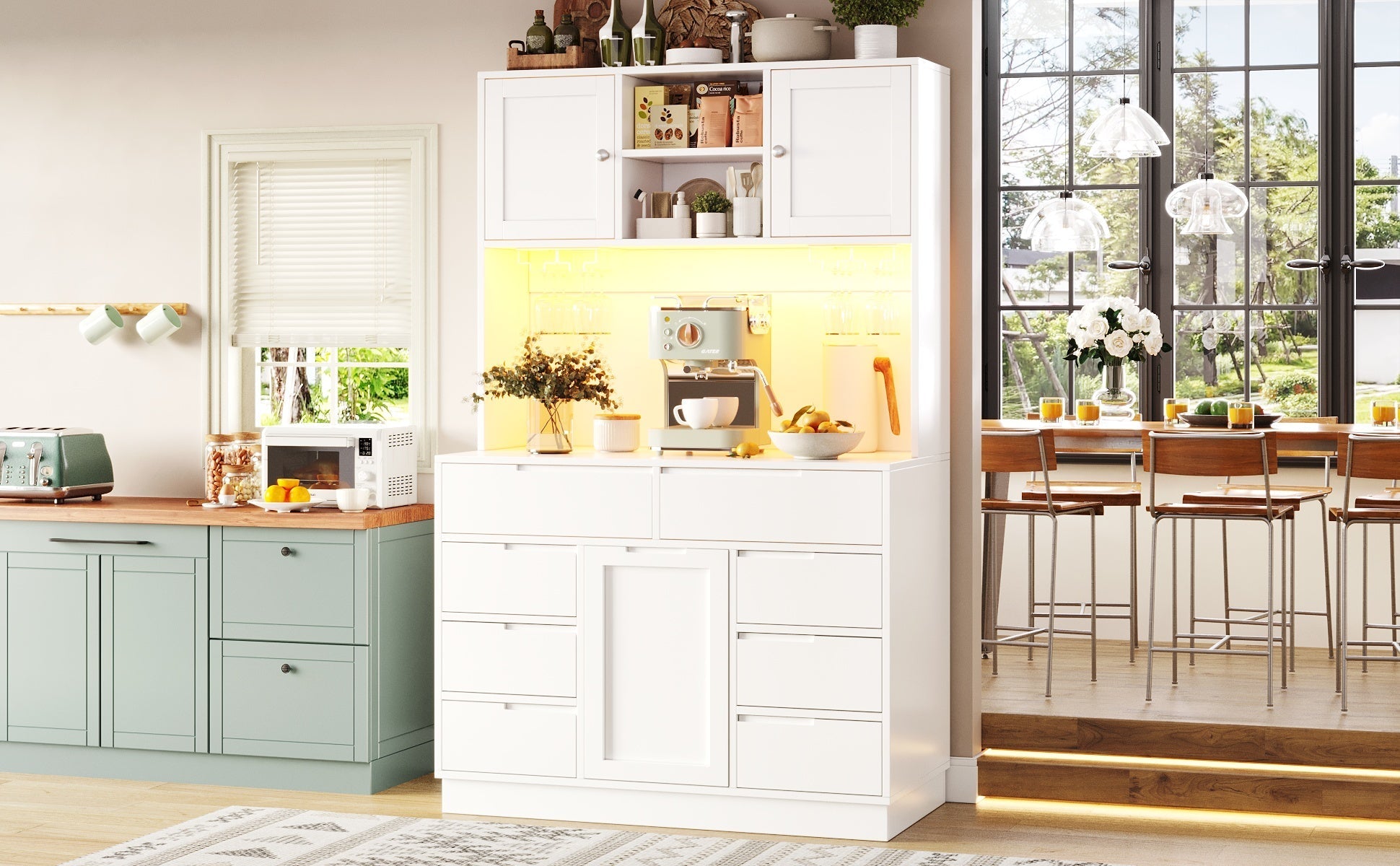 Modern Tall Cabinet Smart LED Lighting 8 Drawers Adjustable Shelves White