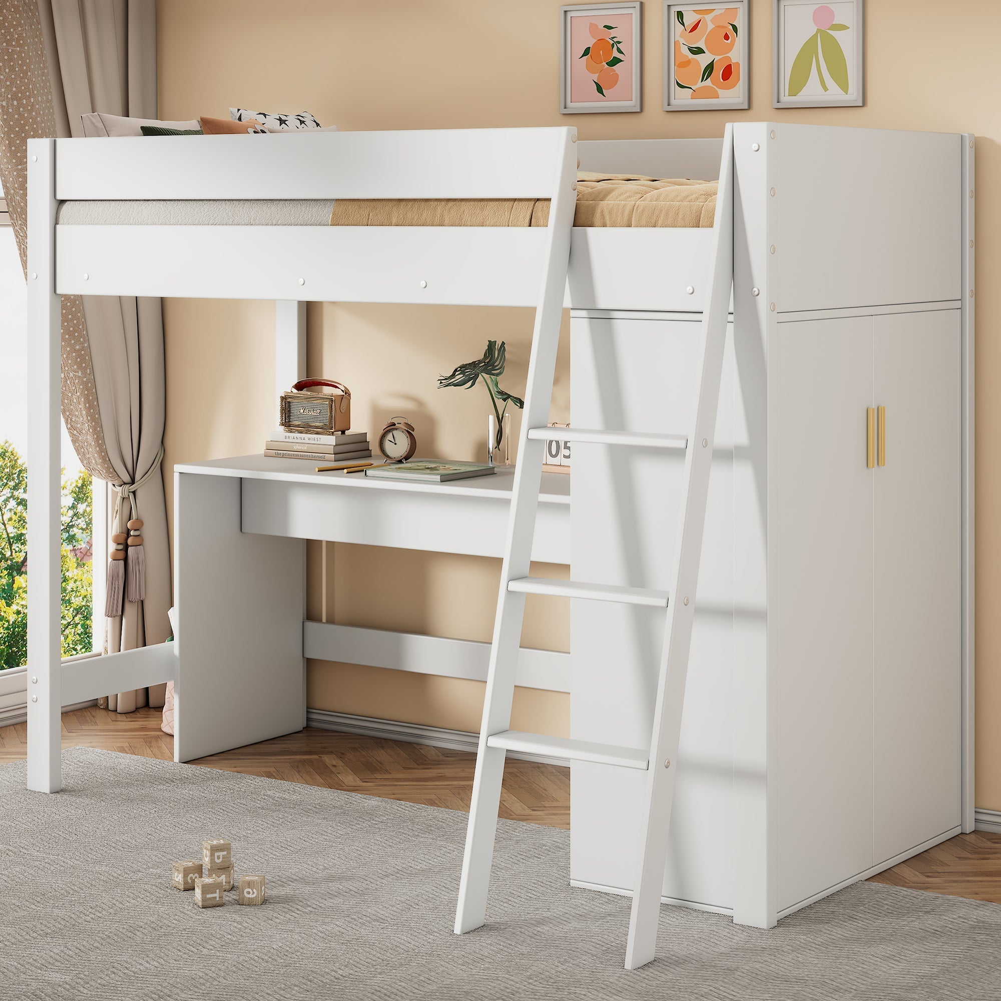 Children's Loft Bed 90x200cm Multifunctional Desk Wardrobe Solid Wood - White