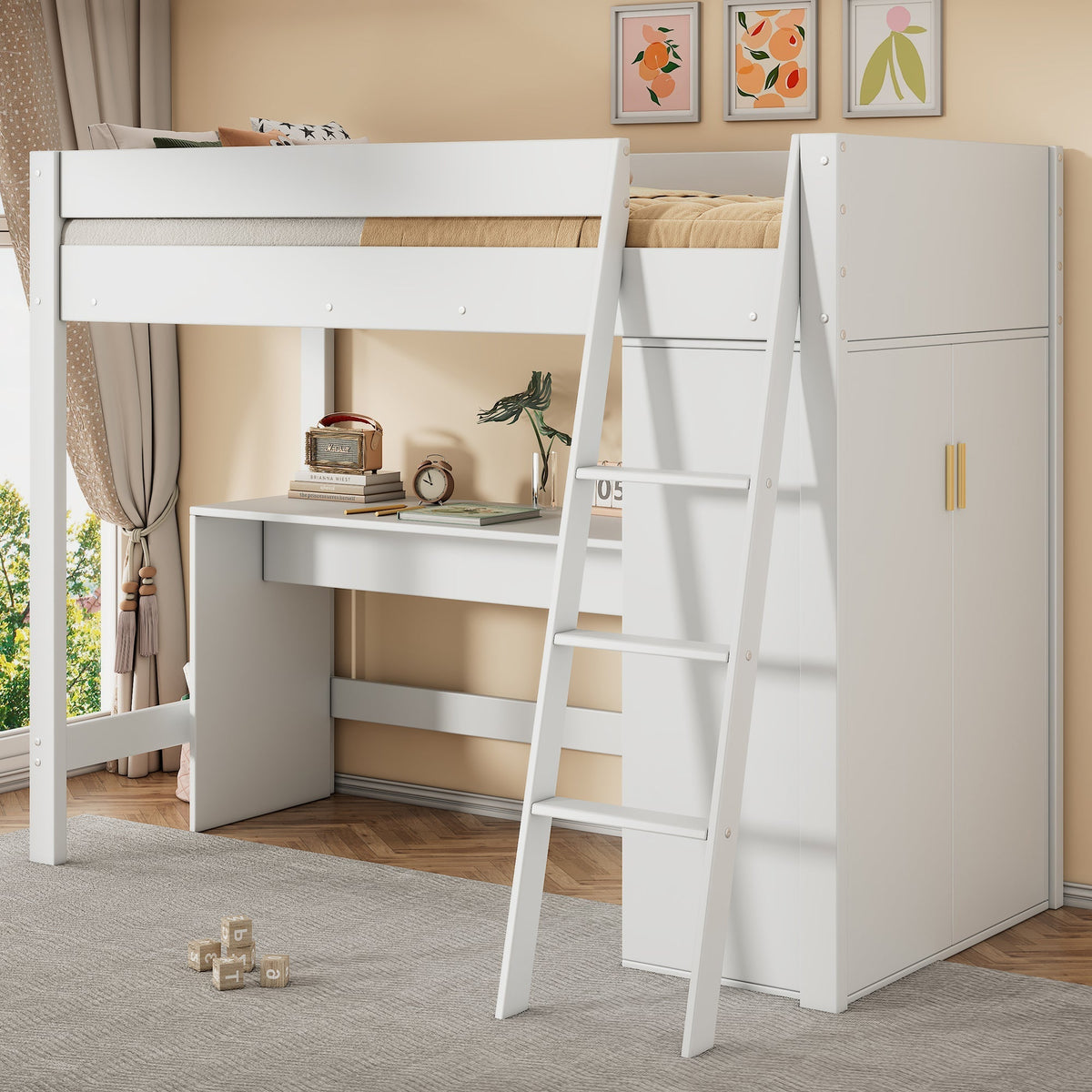 Solid Wood Bunk Bed with Desk, Wardrobe & Safety Rails – Kids’ Multifunctional Bed