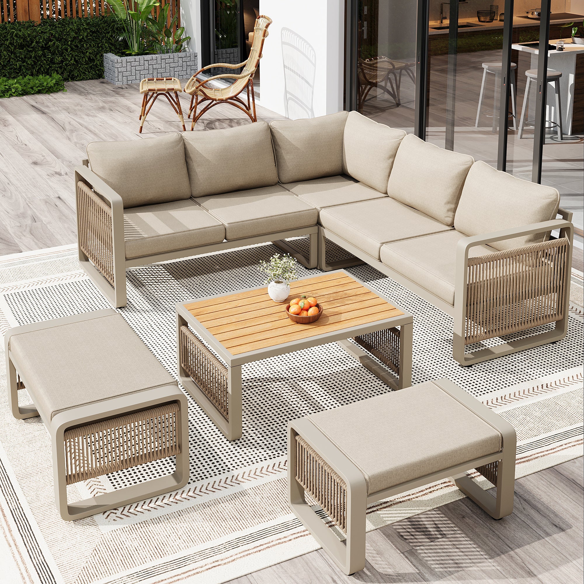 Garden Lounge Chair Set for 6-7 People, Weatherproof Corner Sofa and Lounger, Handwoven Rope and Iron, Beige