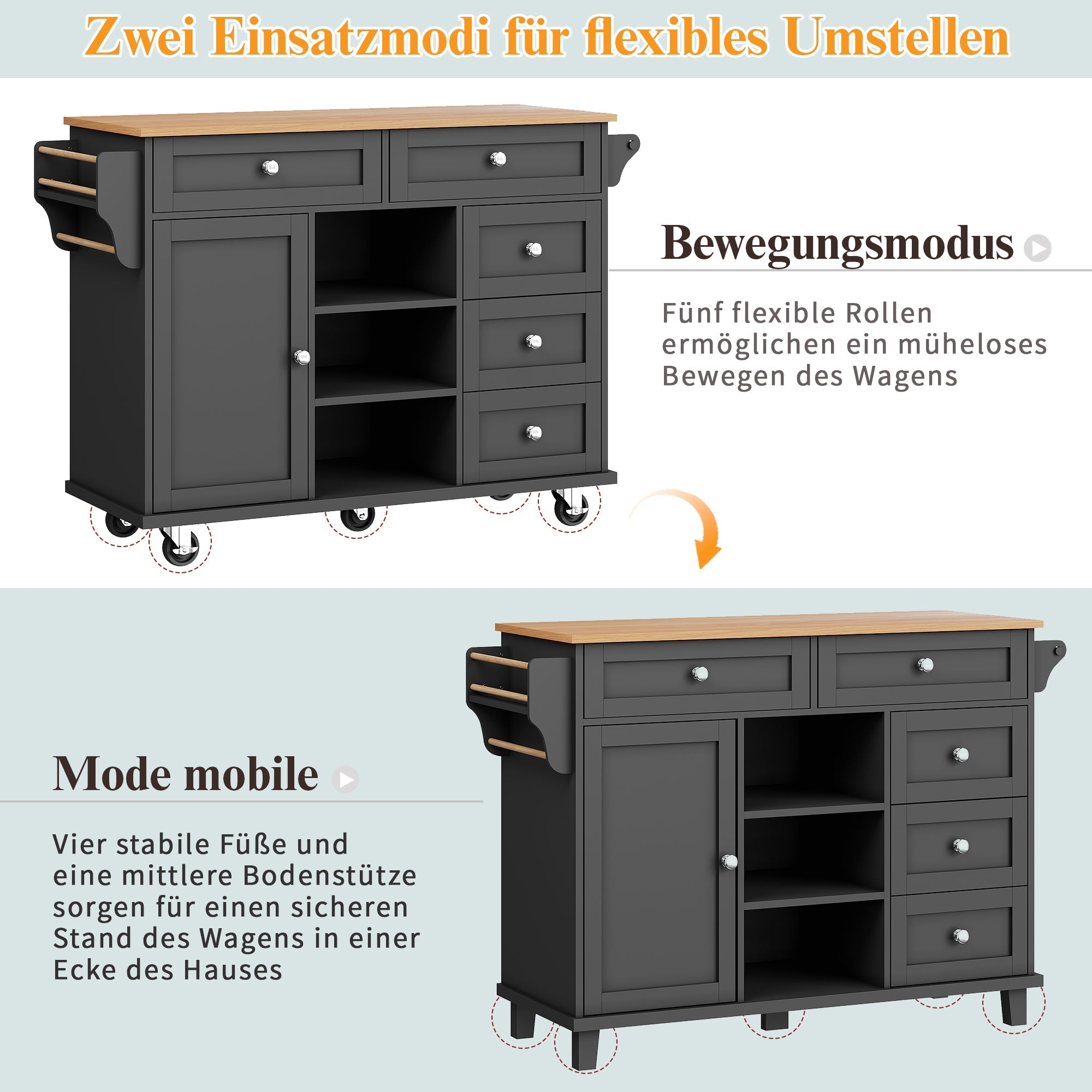Dining Trolley with Drawer and Storage Cabinet, Mobile and Fixed Dual-Use Design, MDF Wood Grain