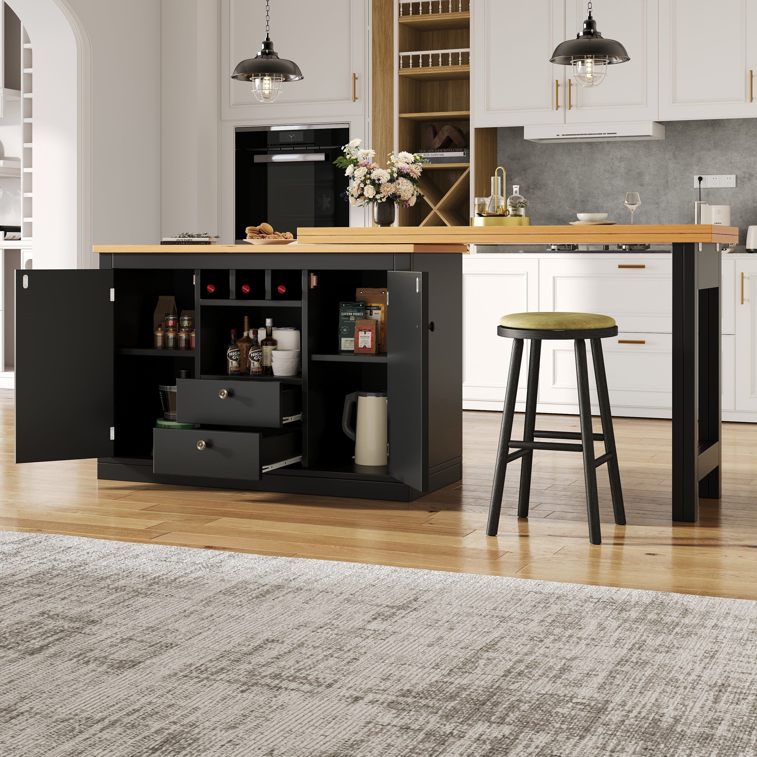 Bar Table 360° Rotation with Storage and Wine Rack, Wood