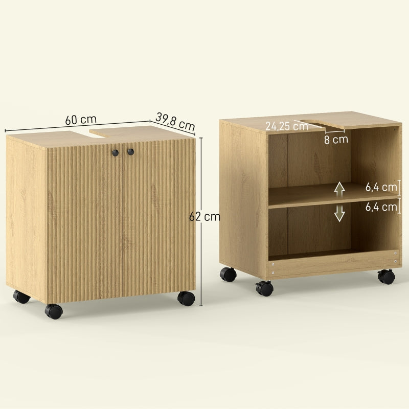 Bathroom Vanity Unit with 3-Tier Shelf and Wheels, Wood