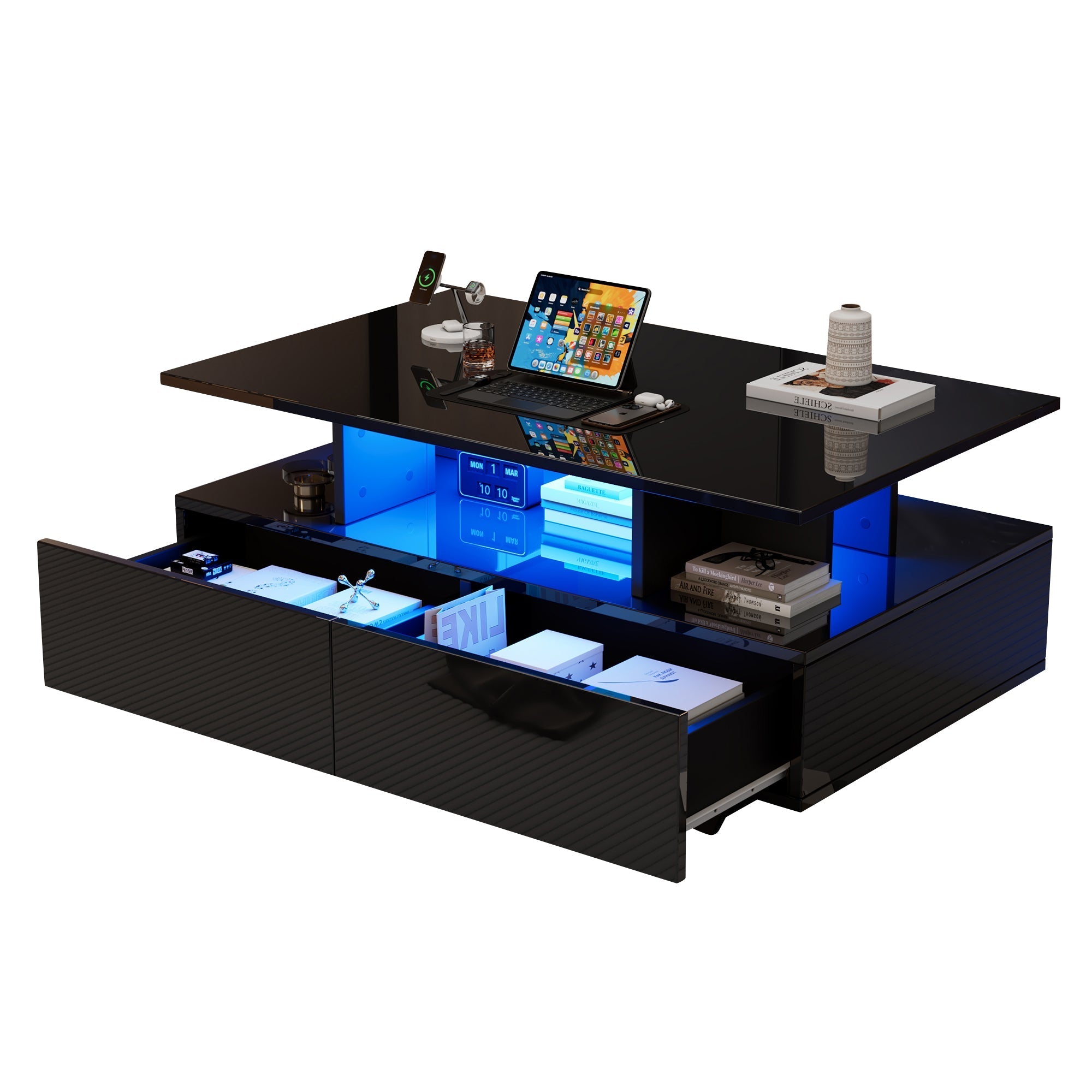 Coffee Table, Modern High-Gloss with LED & 2 Drawers, White