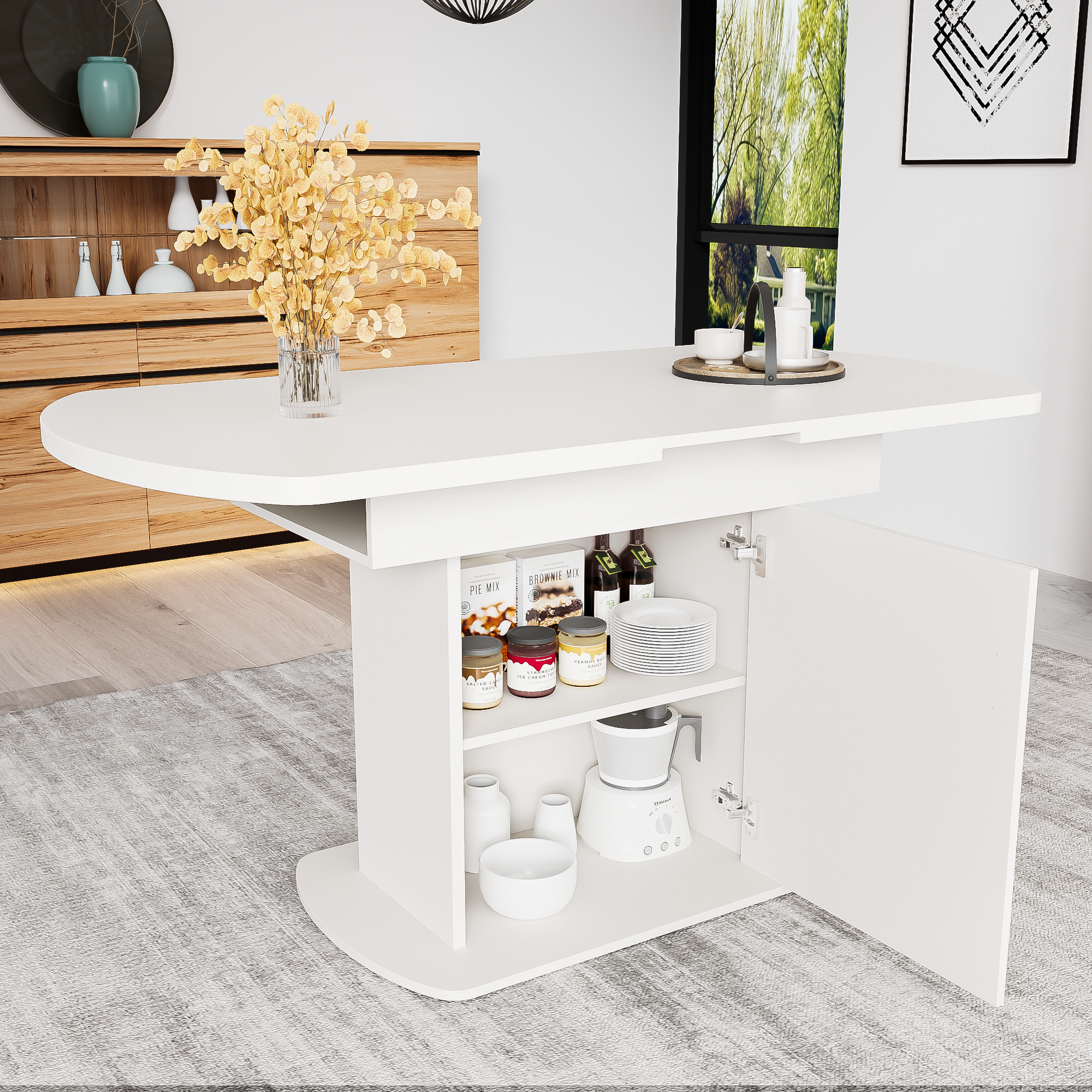 Dining Table Extendable Oval Storage White + Gold Handle – Rathwood Store