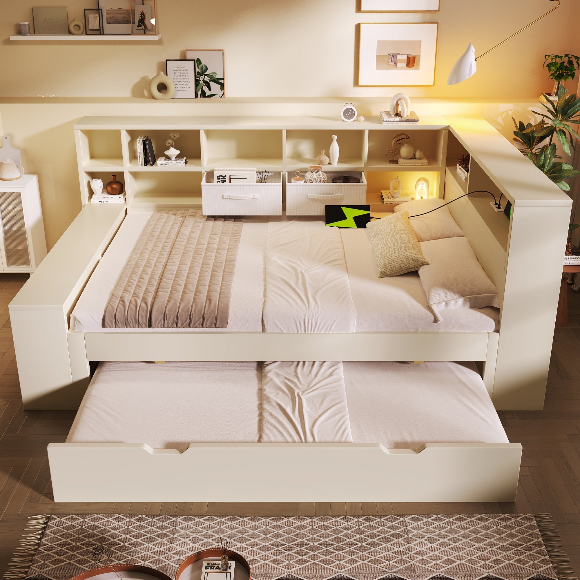 Storage Bed 140x200 with Pull-out Bed, 8 Storage Compartments and USB Charging Ports, White Wood