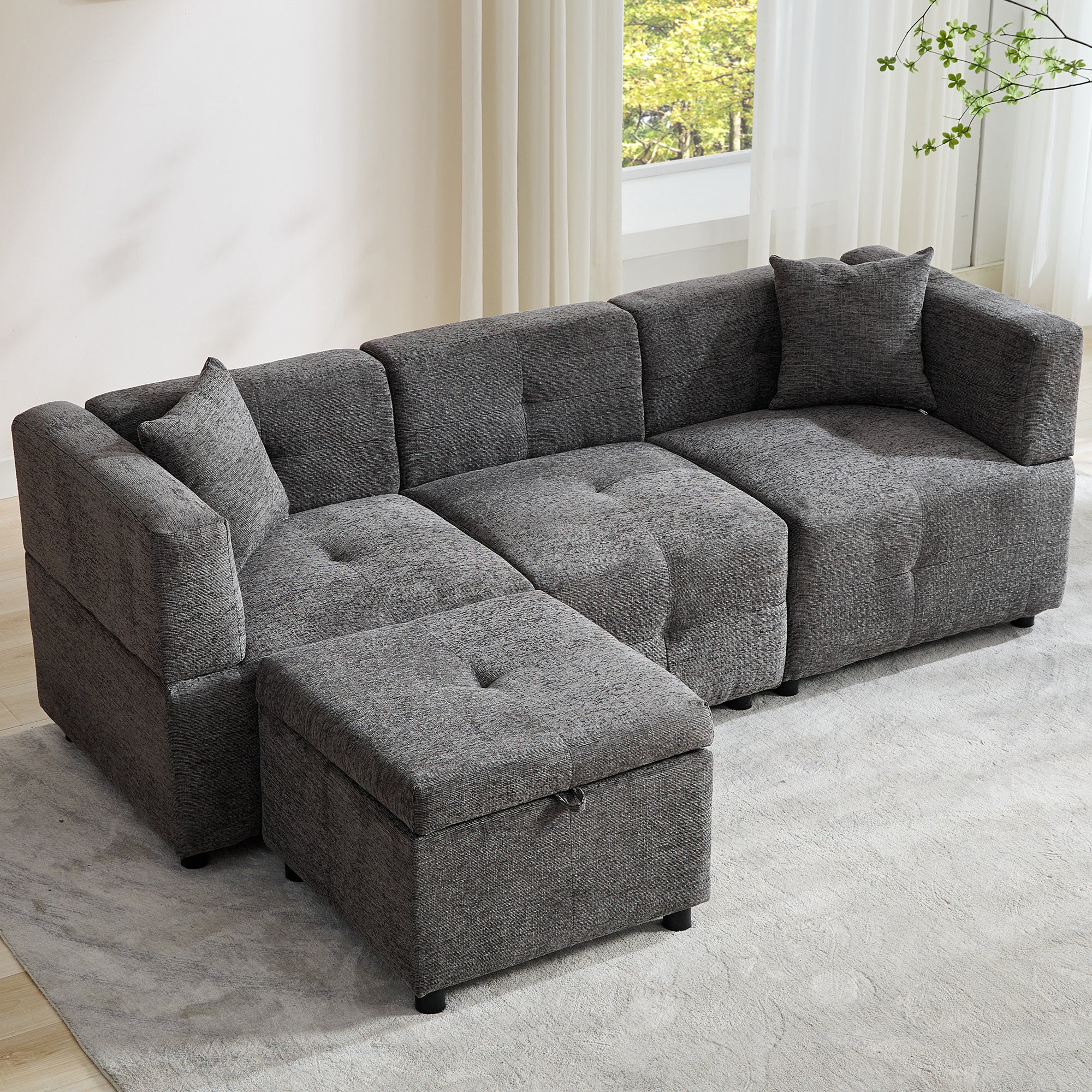 80" Sectional Sofa Couch with Removable Storage Ottoman, L-Shaped, Fabric, Grey