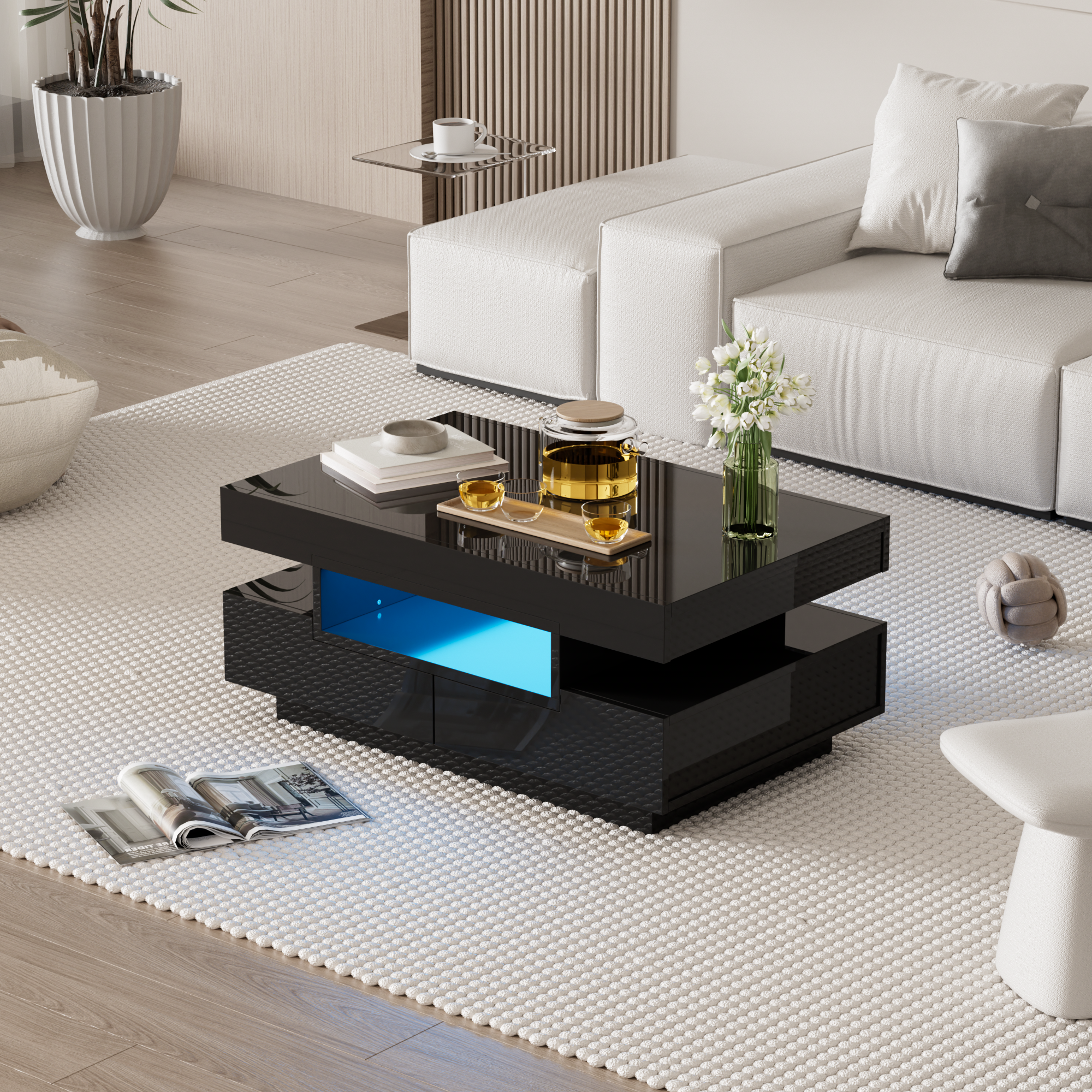 Coffee Table, High-Gloss, LED Light, Four Drawers, Large Storage, White