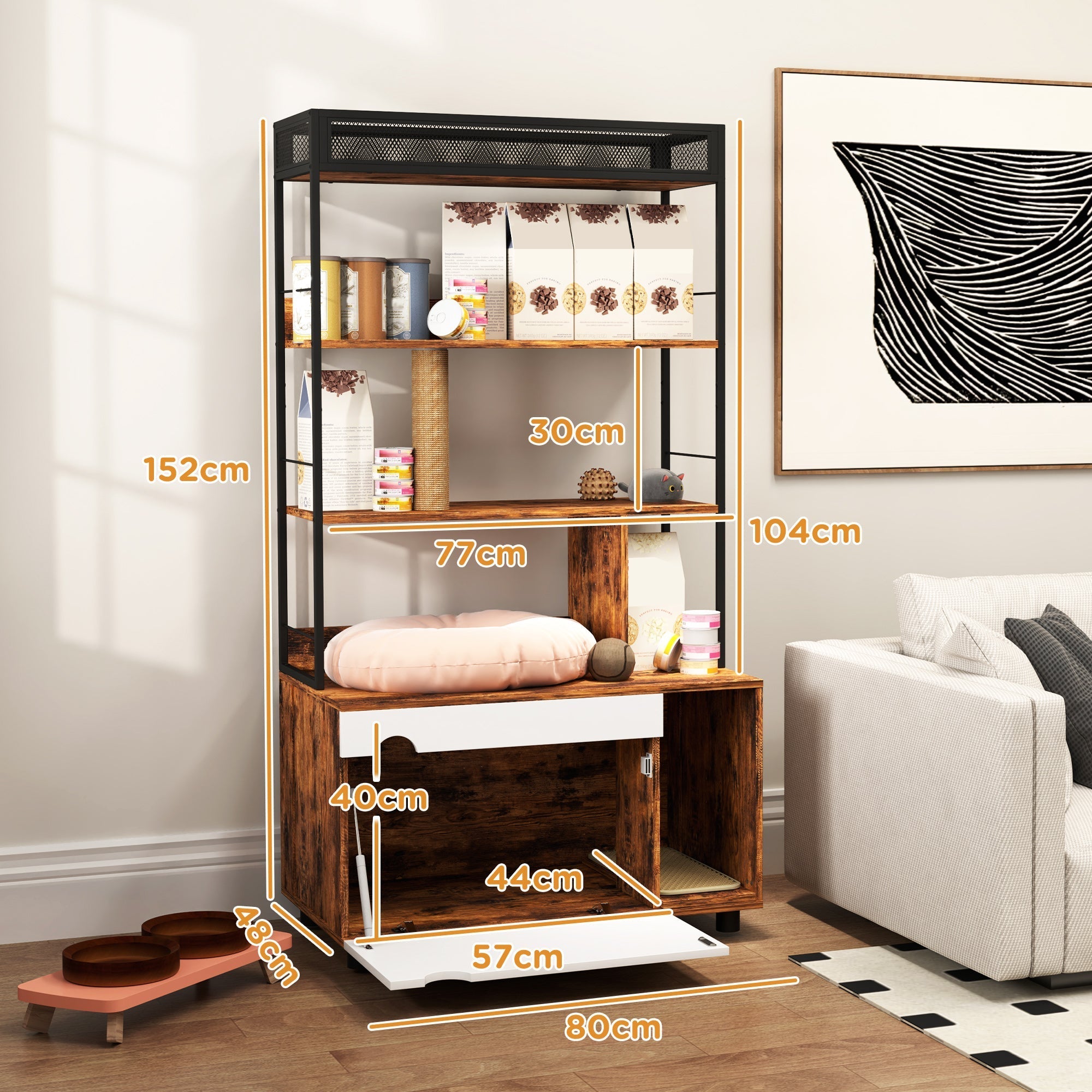 Katzenklo-Schrank, 2-in-1, 3-stöckiges Regal, Kratzbaum, Rustikales Braun