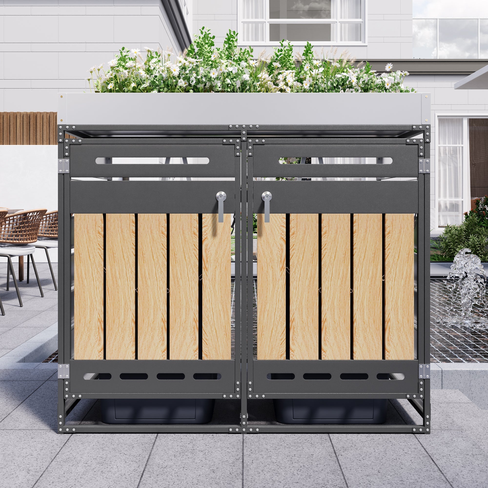 Outdoor Iron Bin Storage Cabinet with Planter Box, Slotted Ventilation and Lock, Wood Grain Panels