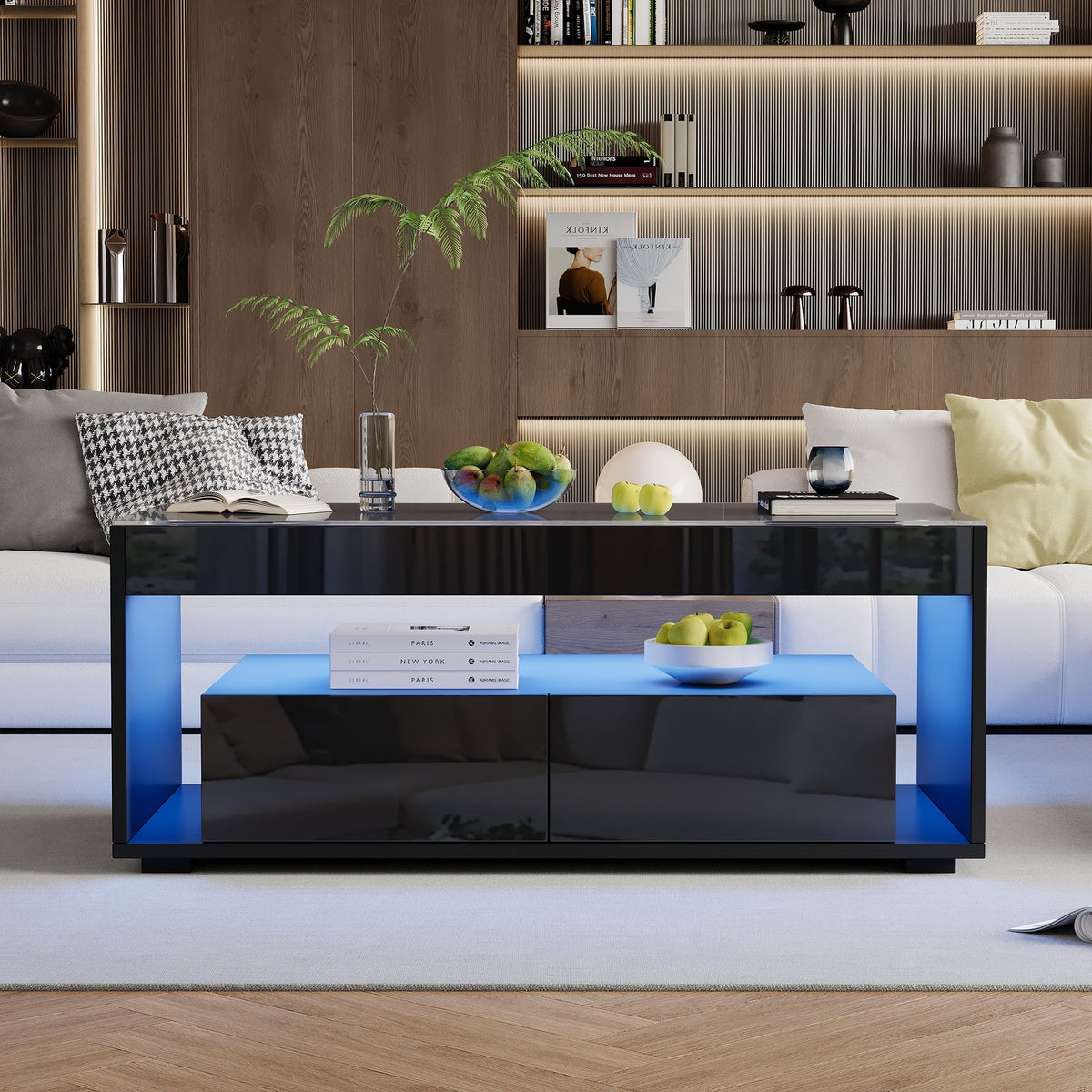 Modern Coffee Table, 16-Color LED Light, 2 Large Drawers, High Gloss, Black