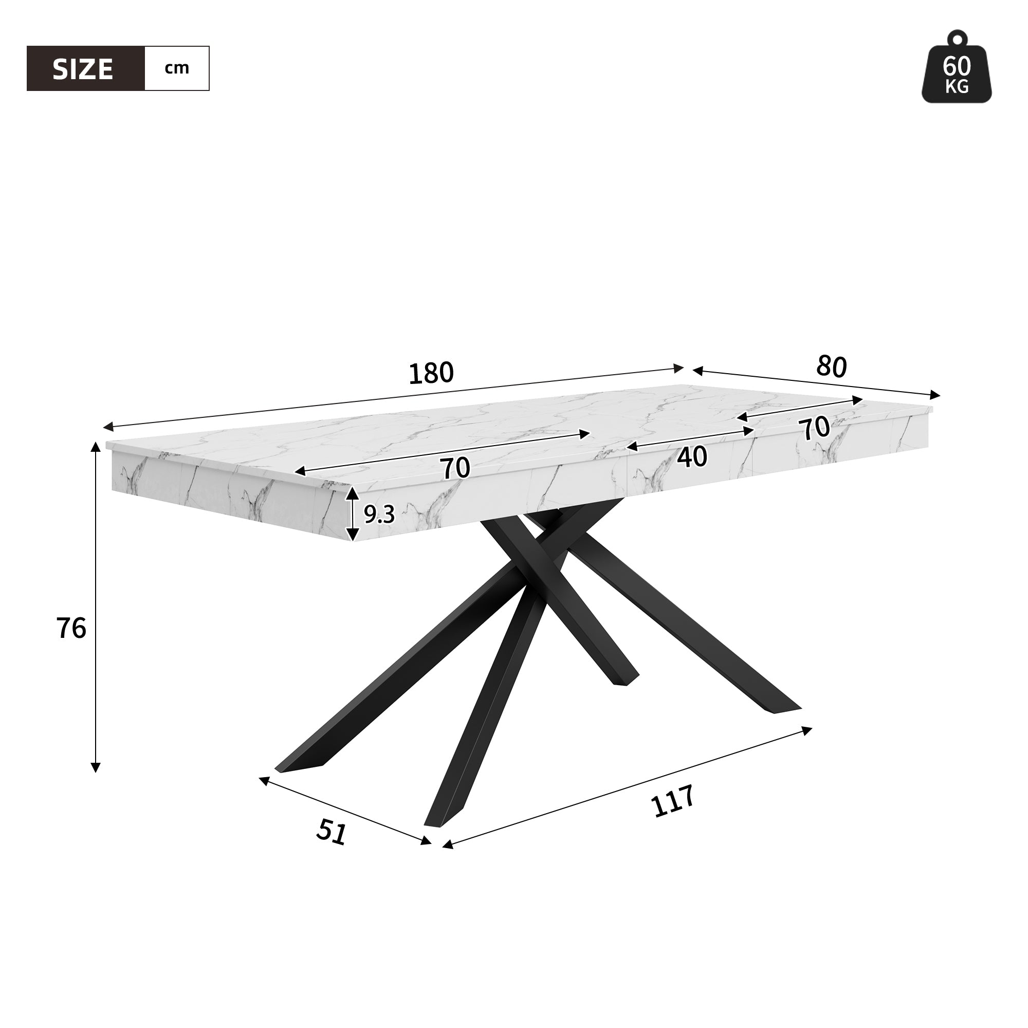 Extendable Dining Table 140/180x80cm Rectangular 6-8 Seater Metal Legs - White