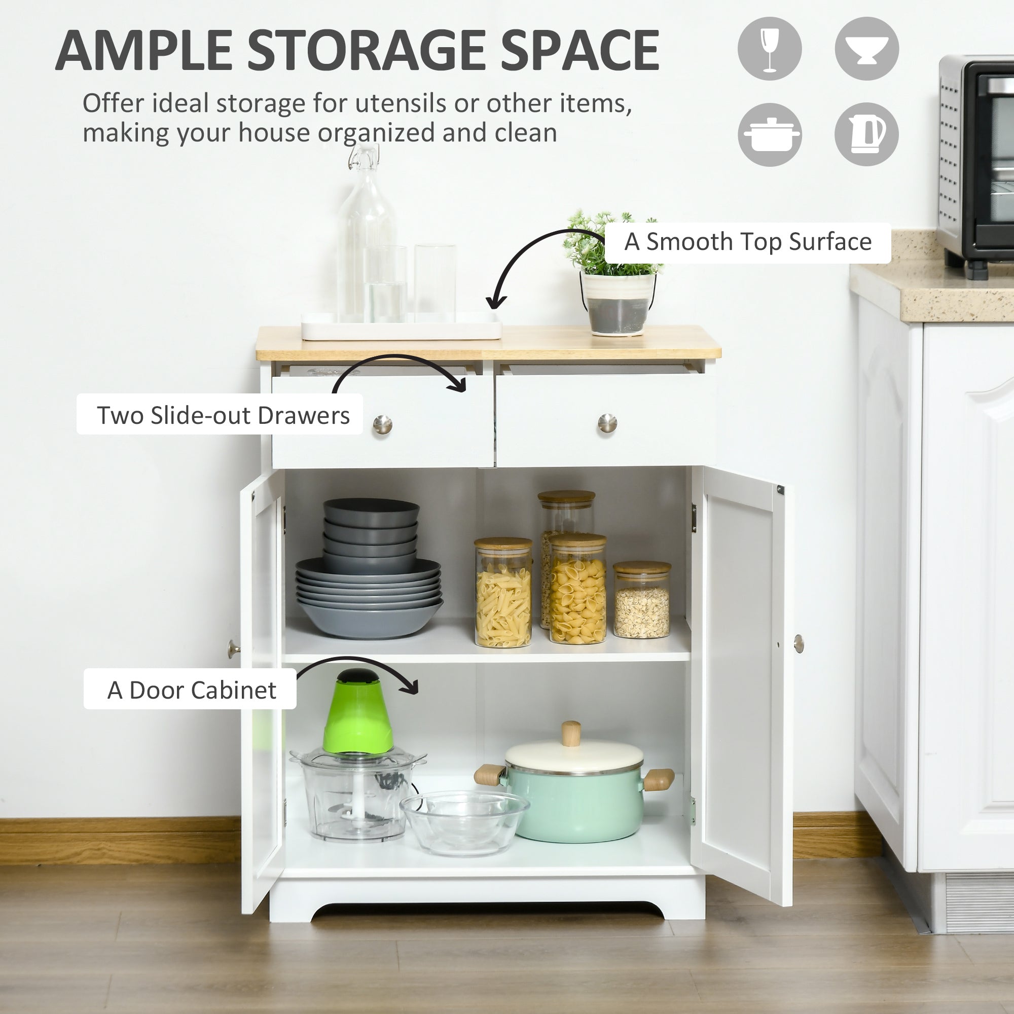 Kitchen Cabinet Side Storage Sideboard with Solid Wood Top, Adjustable Shelf & Drawer, Multicolor Engineered Wood