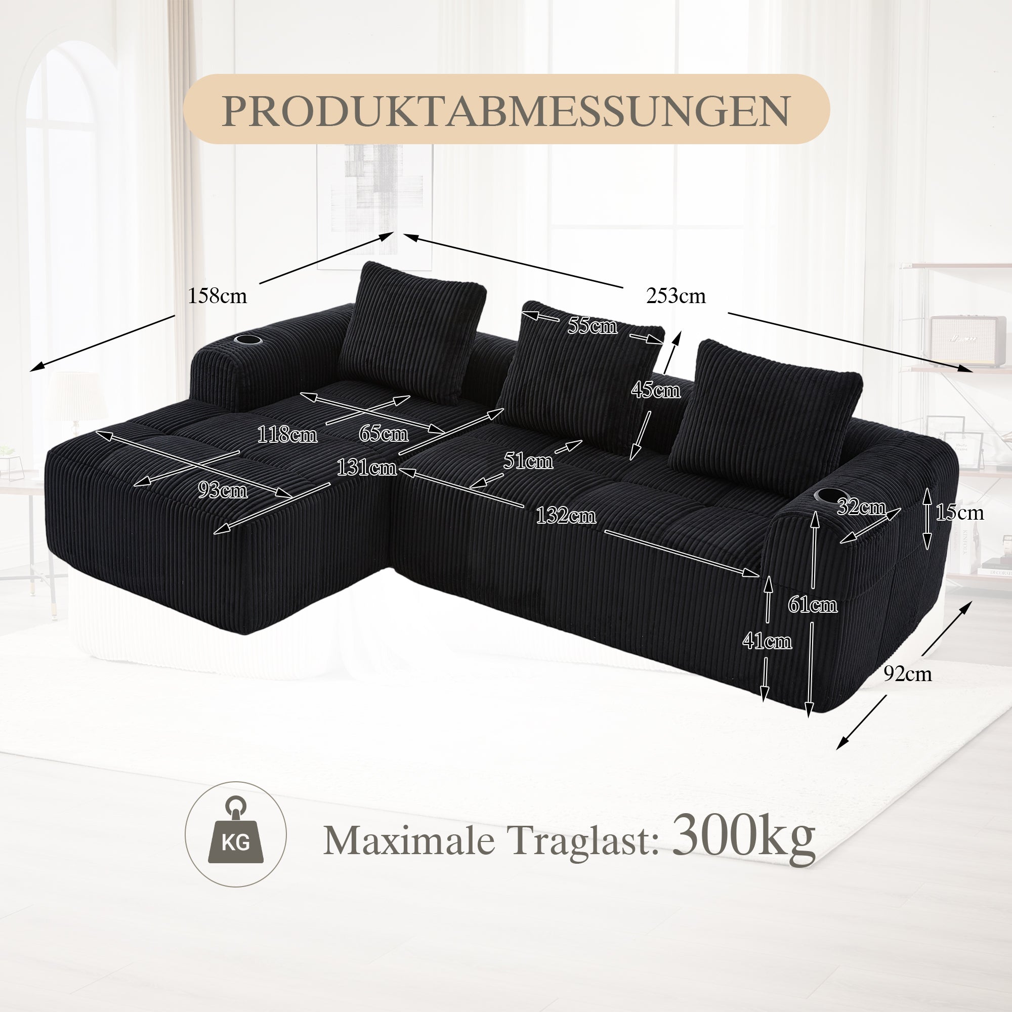 Compact Modular Sofa Side Pocket Cup Holder 3 Cushions - Corduroy Black