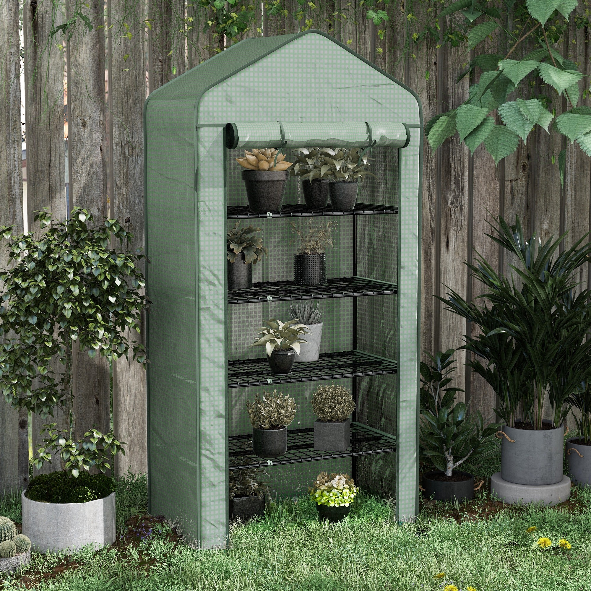 5 Tier Widened Mini Greenhouse, Reinforced PE Cover Roll-up Door Wire Shelves, Green
