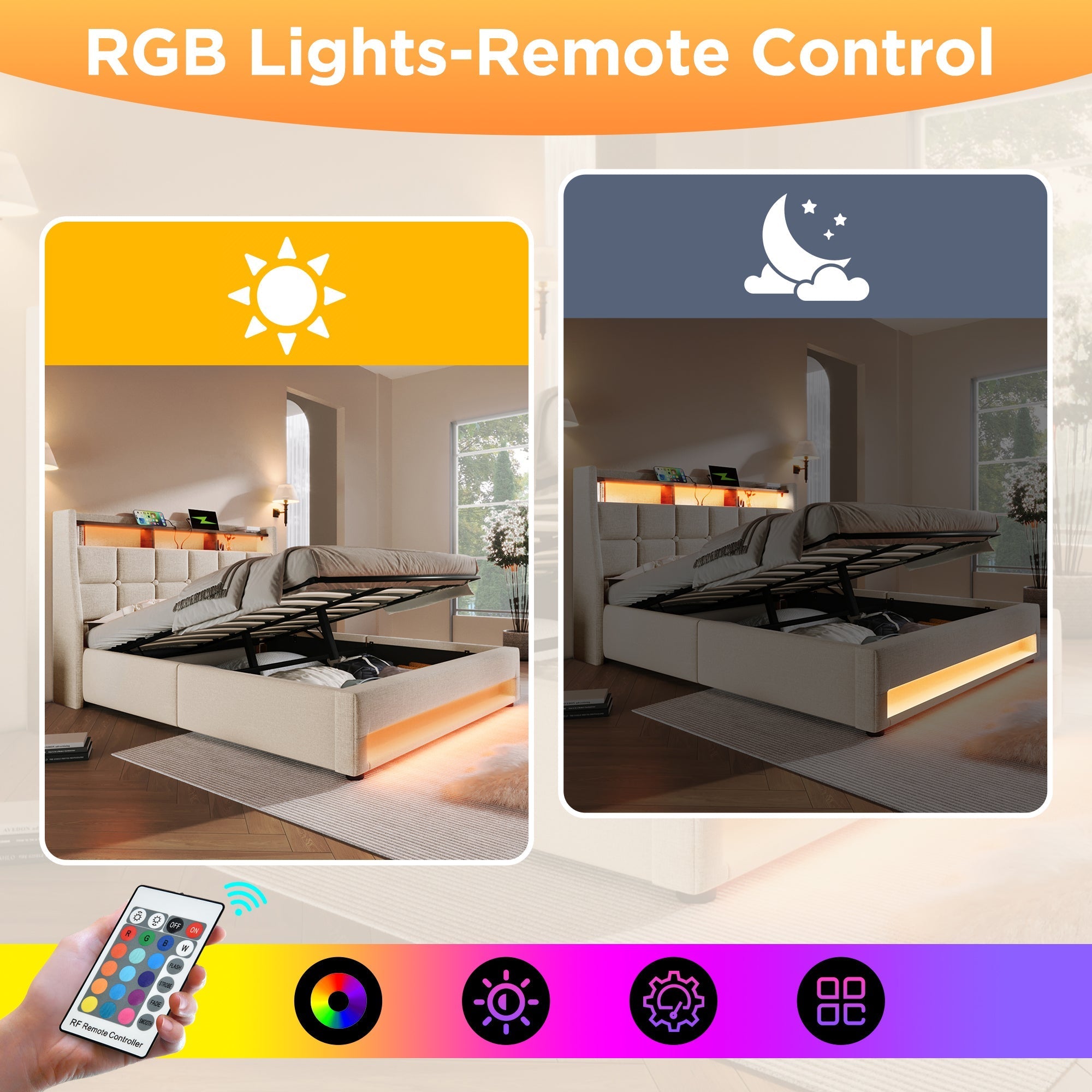 Upholstered Double Bed 4FT6 with LED Lighting, USB Type-C Charging, Storage Headboard, Beige Linen