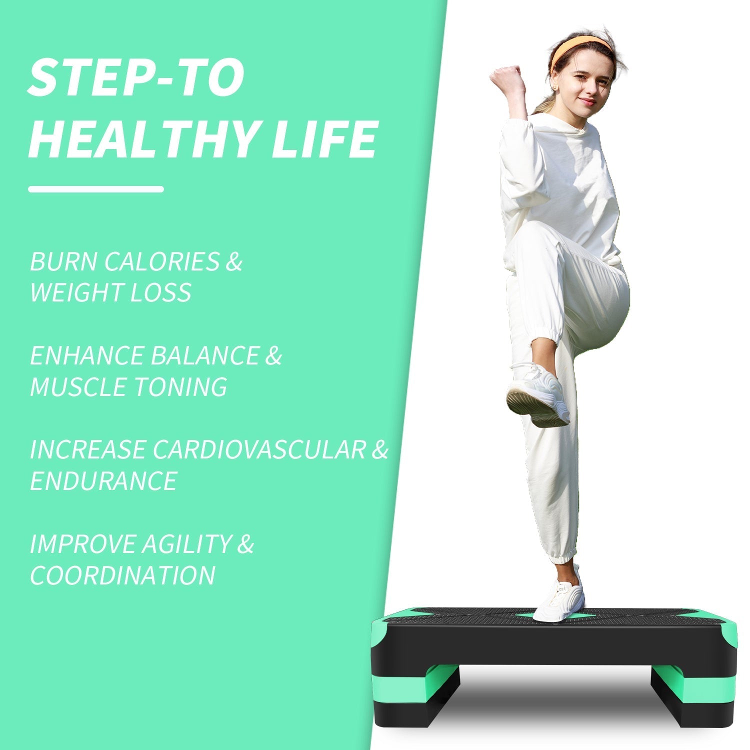 Aerobic Exercise Stepper Adjustable Height 3-Level 27" Platform - Green