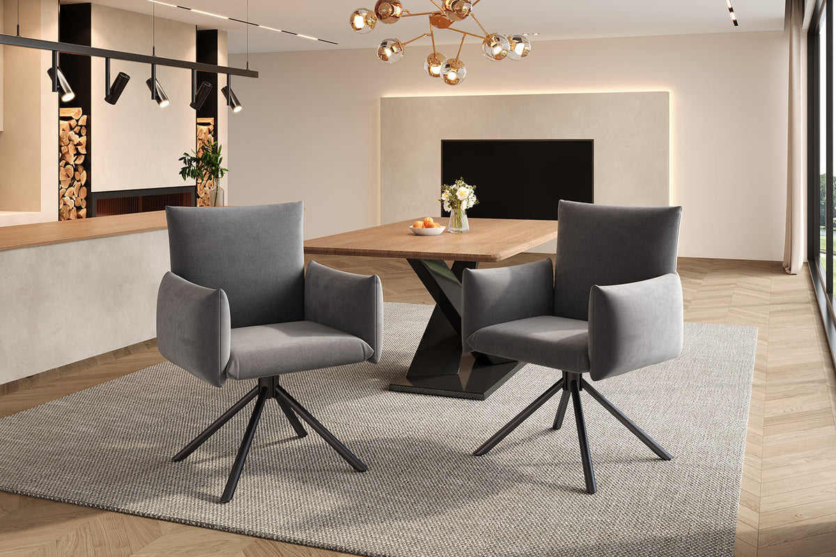 Set of 6 Dining Chairs Upholstered 360° Swivel Lumbar Support - Velvet Grey