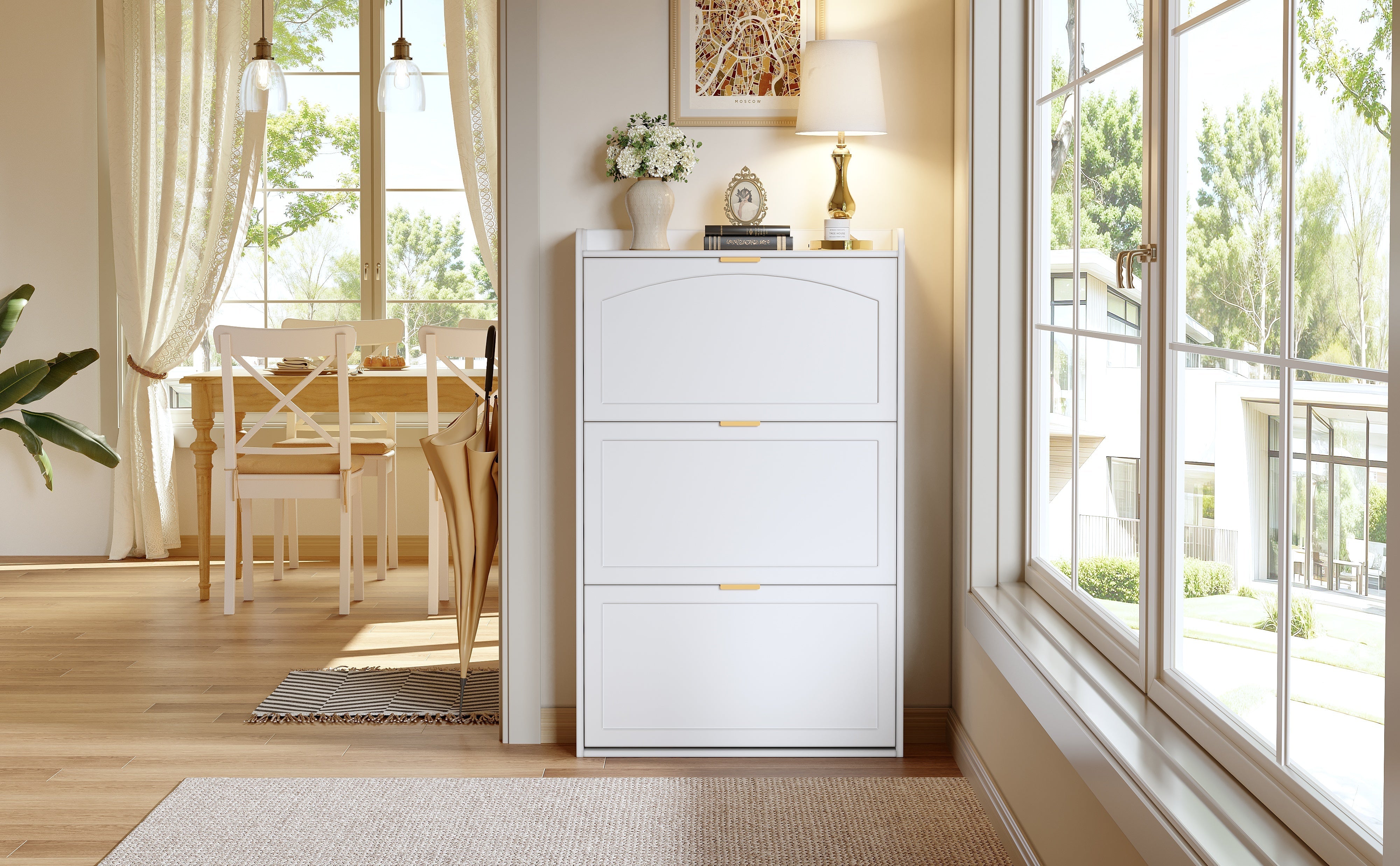 Narrow Shoe Cabinet 3 Flaps 76x23x118cm - White
