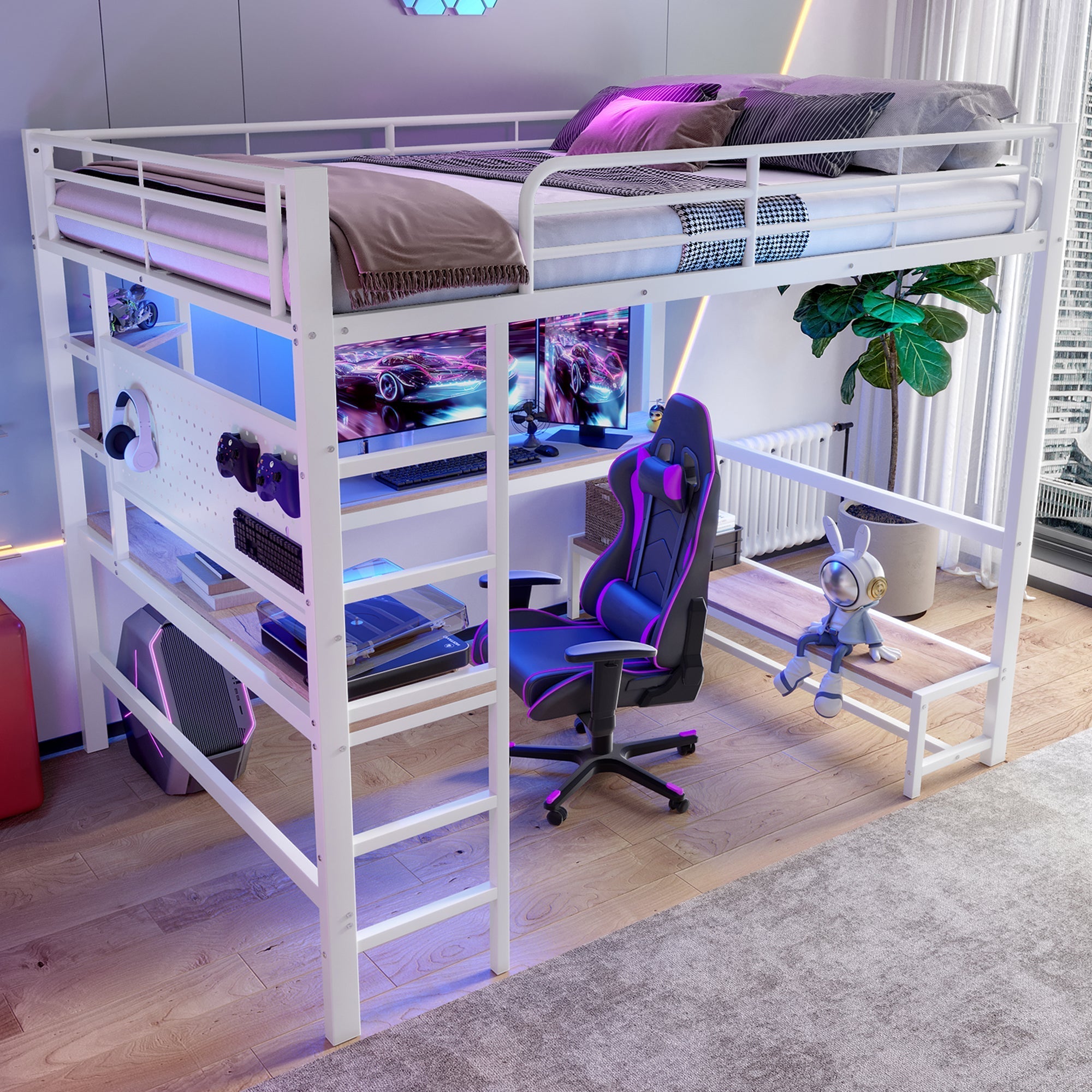 Loft Bed with Desk, Shelves, LED and USB Sockets, White Metal and MDF