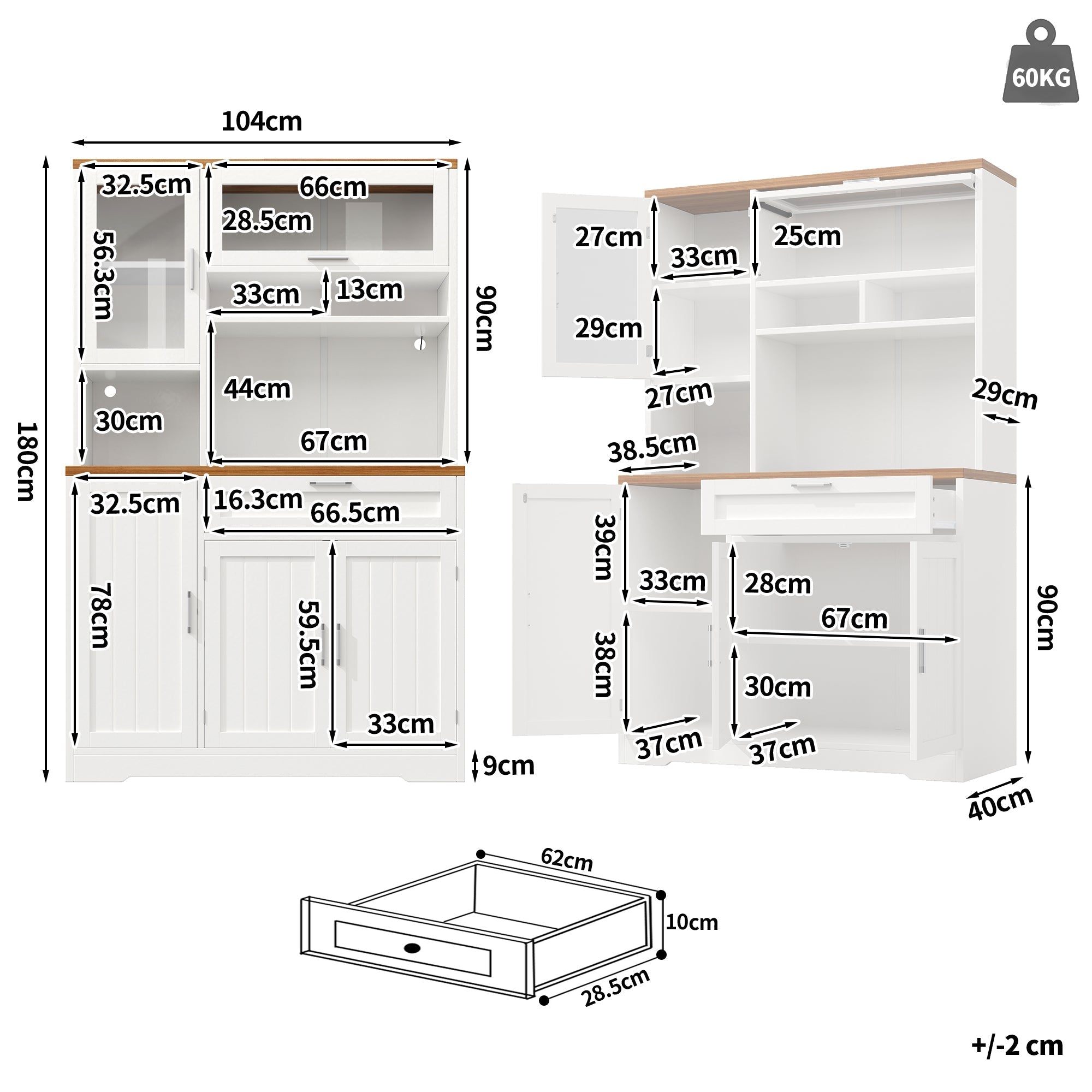 Tall Kitchen Cabinet Display Case with LED Lighting and Glass Doors, White and Black