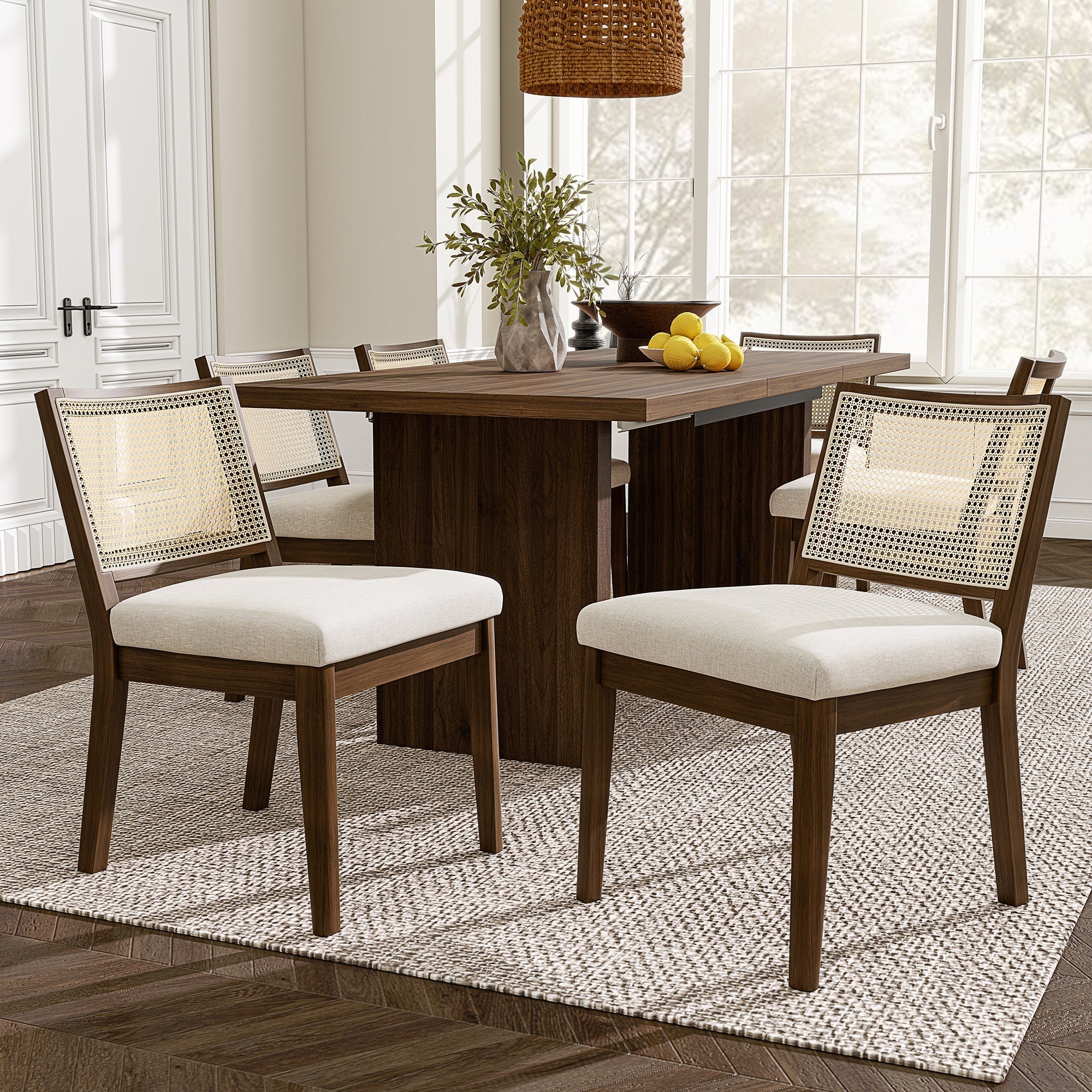 Solid Wood Dining Chairs Set of 4 with Rattan Backrest, Linen and Walnut