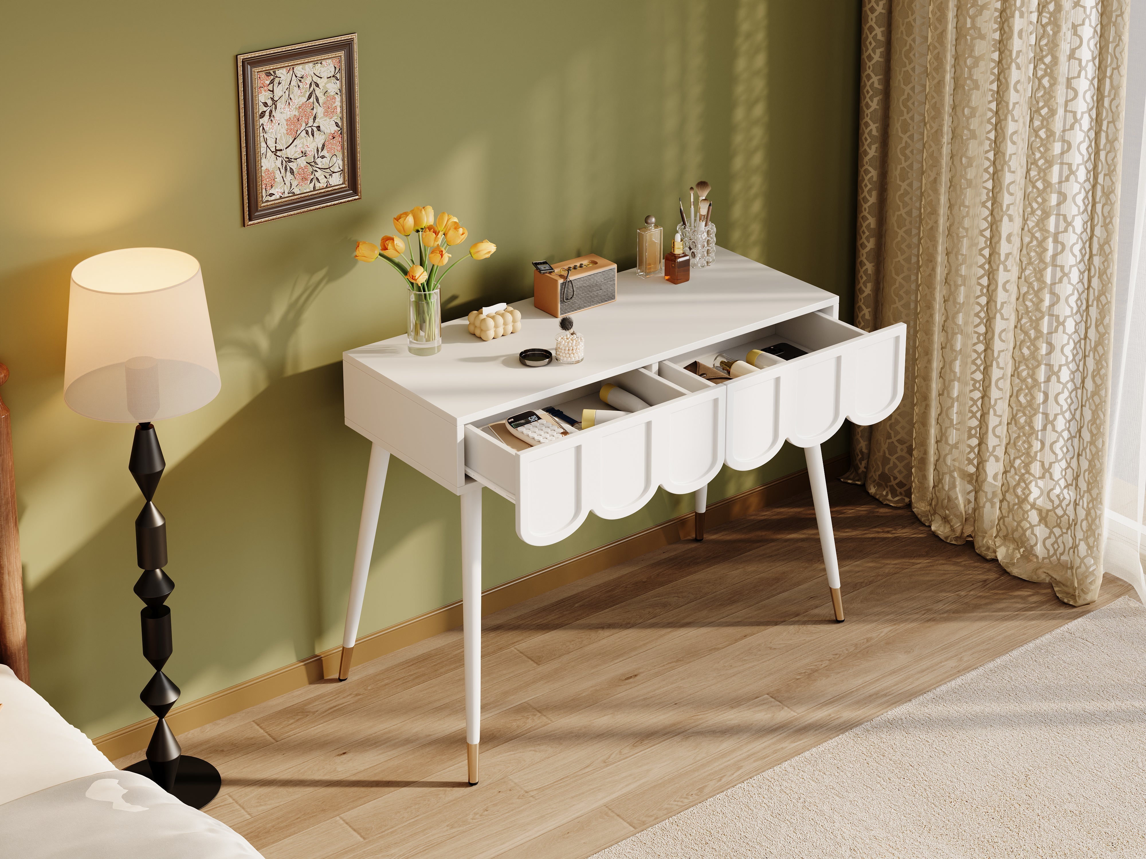 Dressing Table with 2 Drawers and Metal Legs, White