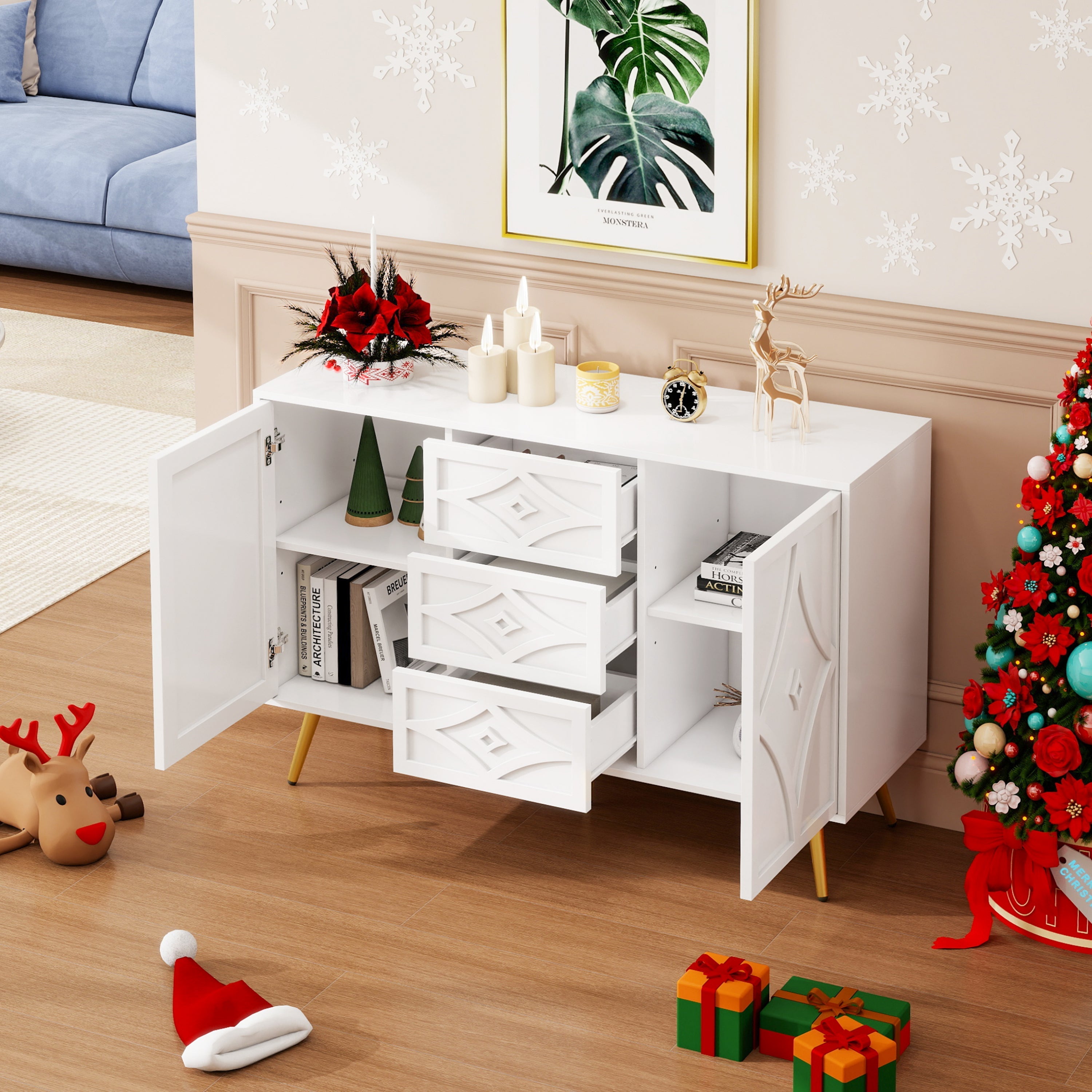 Chest of Drawers, Diamond Pattern with 3 Drawers & 2 Doors, Gold Feet White