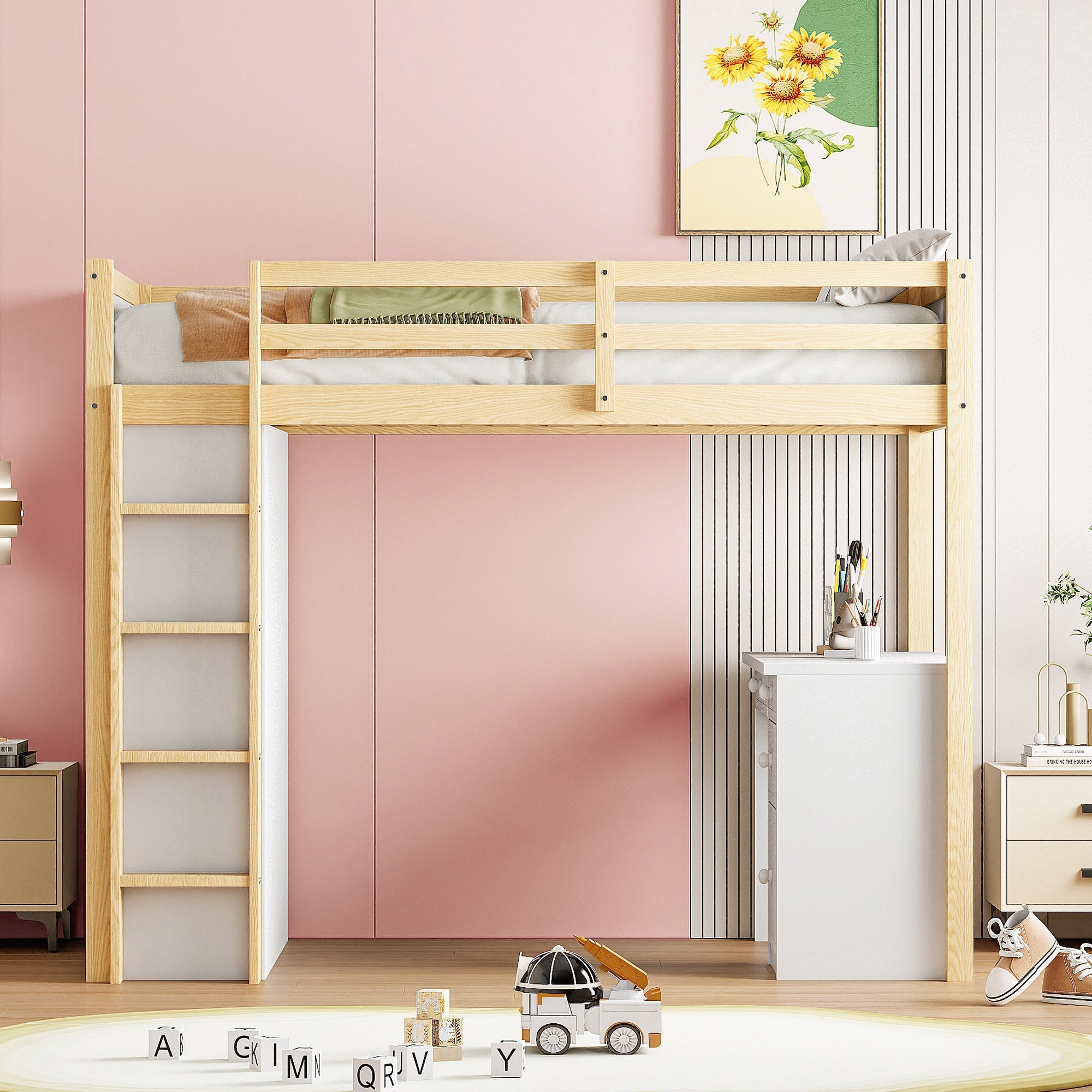 Loft Bed, Multifunctional with Storage & Desk, 90x200cm Wood