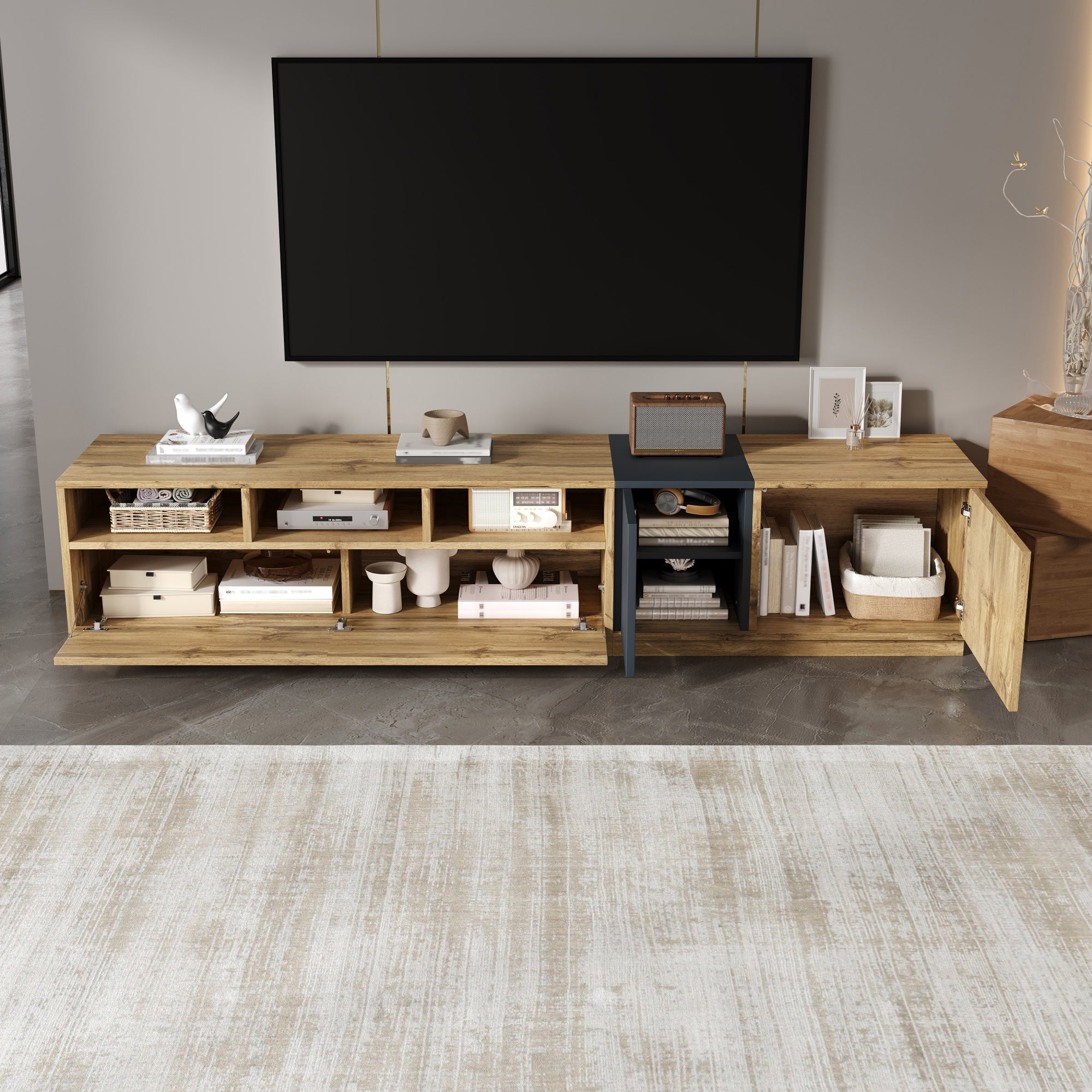 TV Stand, Modern Contrasting, 200cm, Black-Gray and Wood