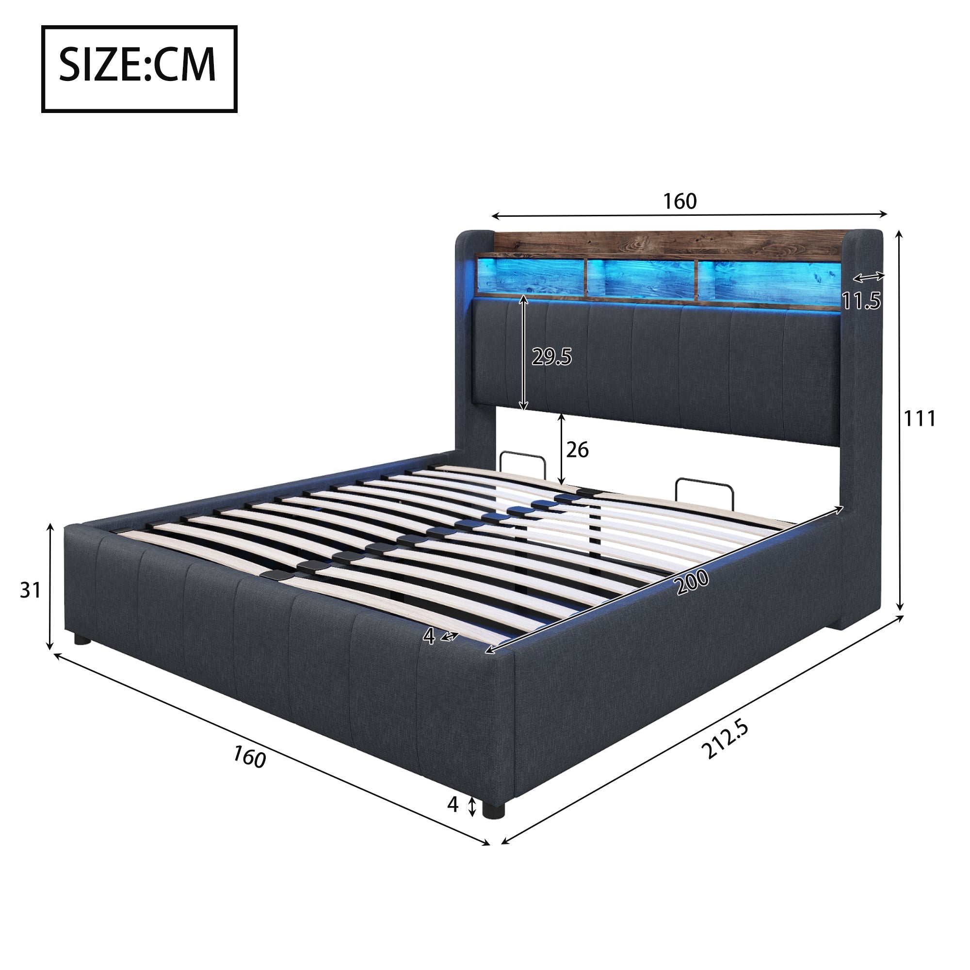 Upholstered Bed 160*200cm, LED Lighting, USB Socket, Hydraulic Storage, Linen Fabric Gray