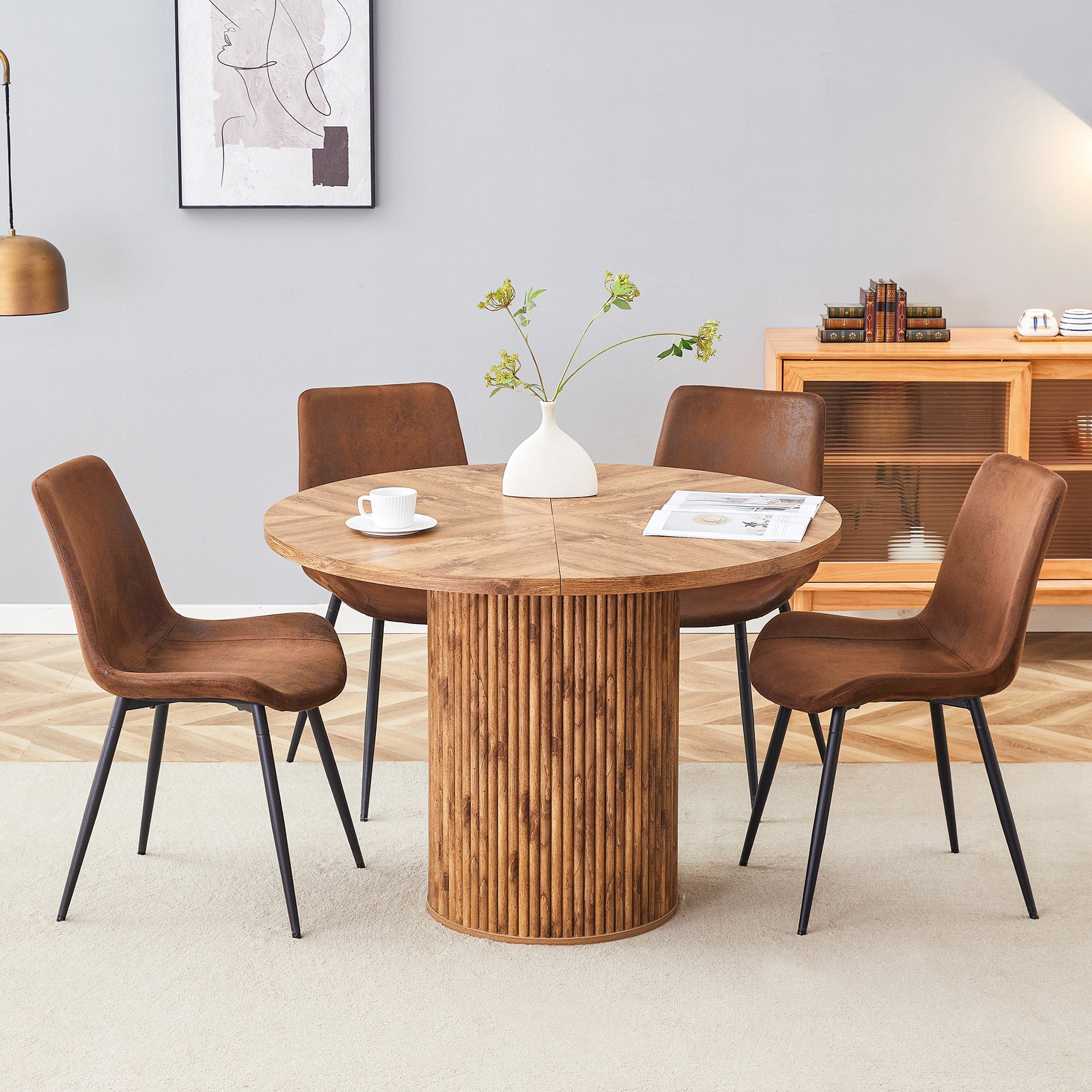 Minimalist Round Dining Set 100cm Table 4 Chairs MDF Wood Look/Brown Fabric