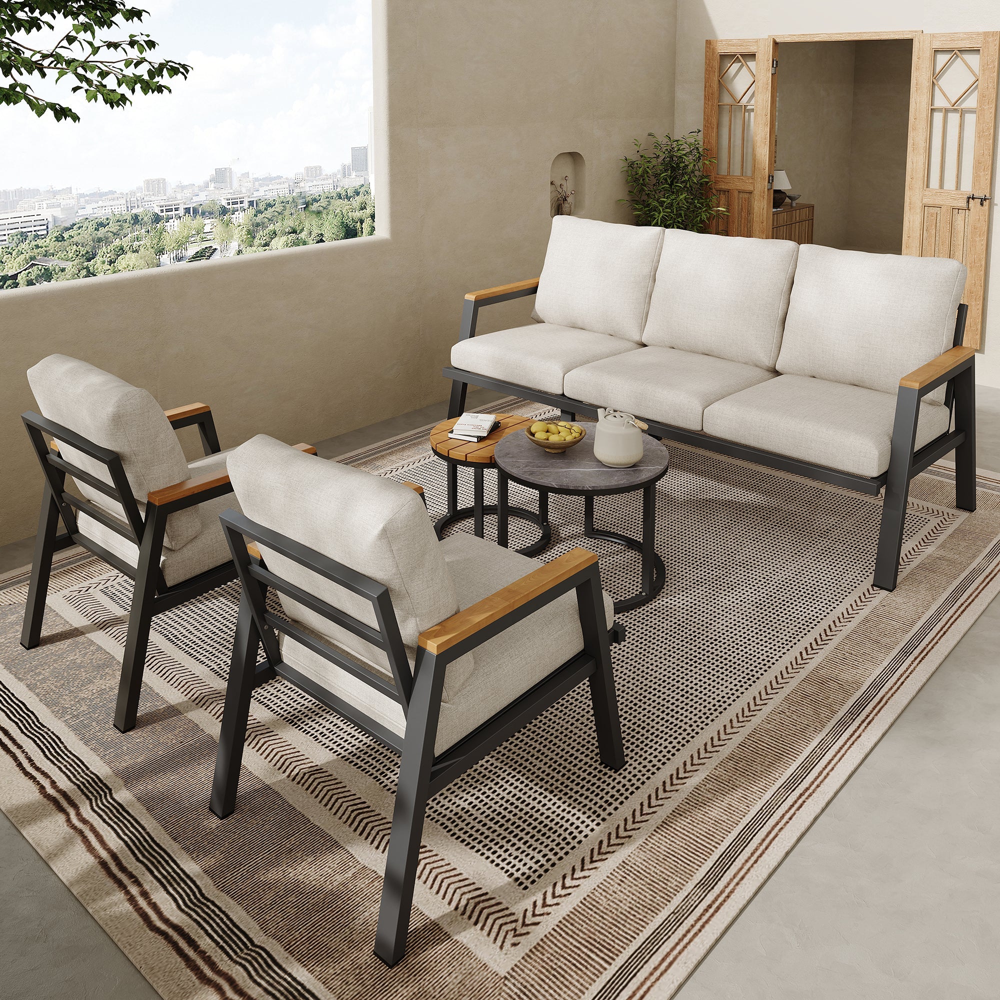 Garden Lounge Set with 3-Seater Sofa, 2 Armchairs and 2 Coffee Tables, Grey Wood and Steel