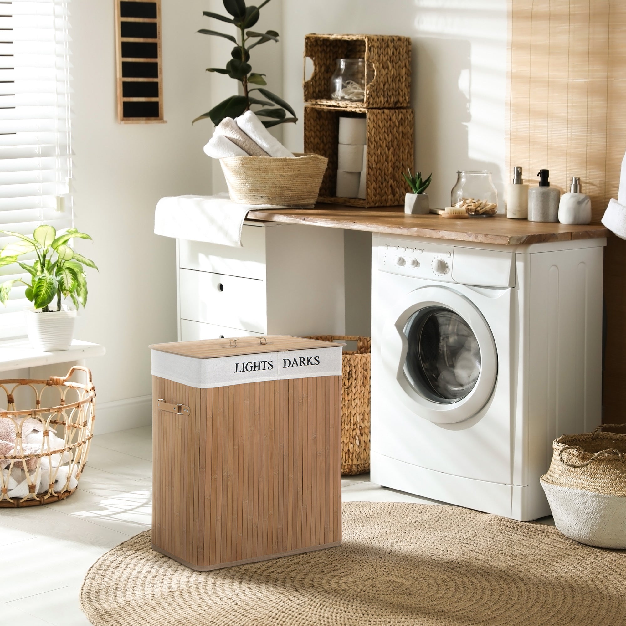 Laundry Basket 100L, Box with Lid, Bamboo Natural