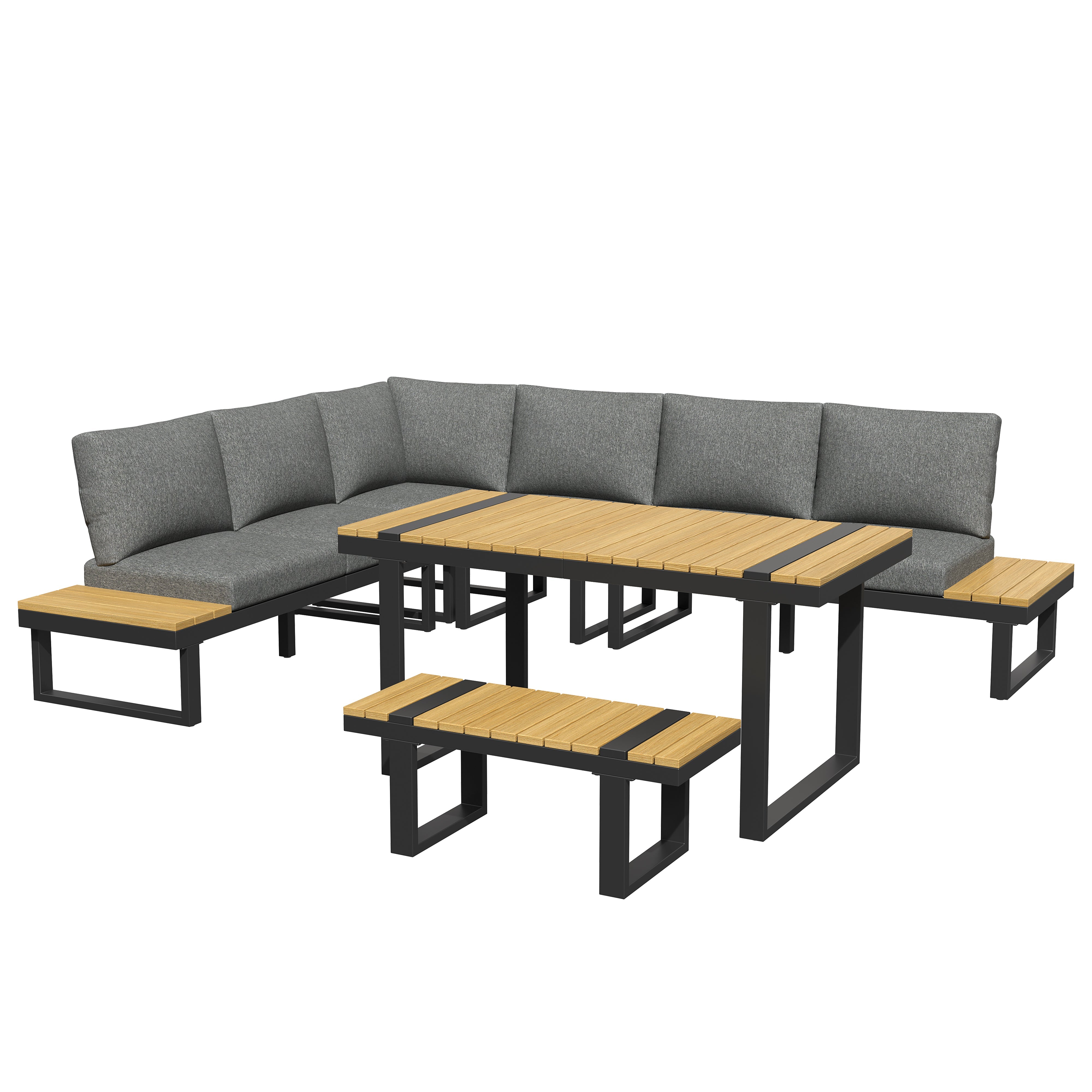 Garden Dining Set with Adjustable Tilt and Corner Configuration, Grey and Black