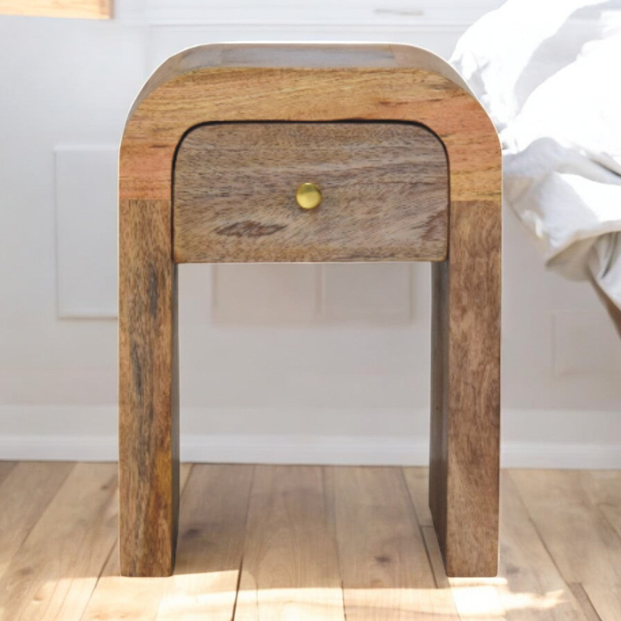 Solid Wood Mini Darcy Nightstand, Curved Edges 1 Drawer, Oak-ish Brown